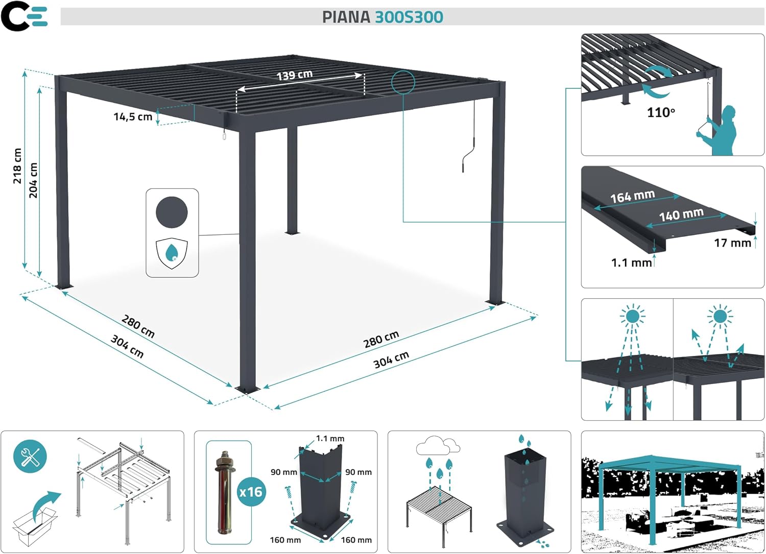 CAZEBOO - Piana - 3x3 m - Pergola bioclimatique alu, lames acier