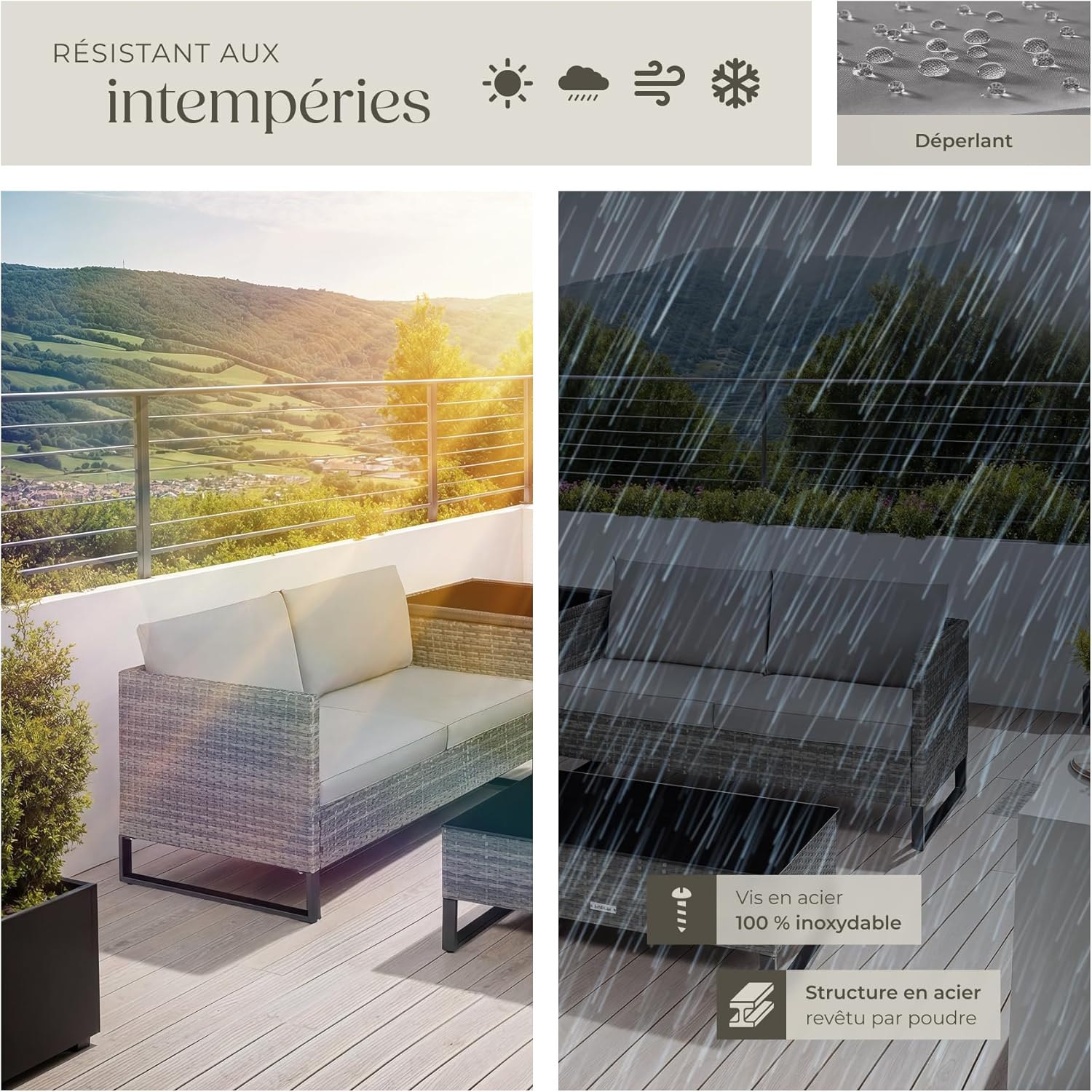 tectake - Salon de jardin modulable 4 places, table verre, coffre, coussins