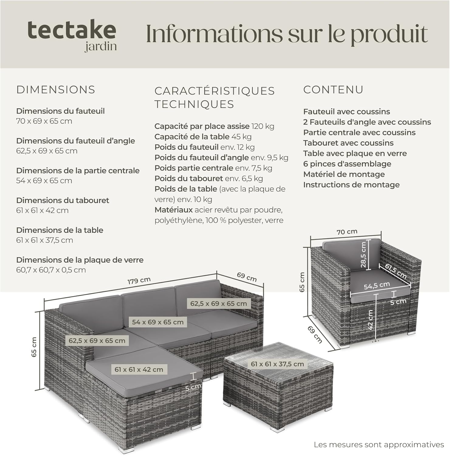 tectake - Ensemble Poly Rotin 5 places modulable dimensions, salon extérieur