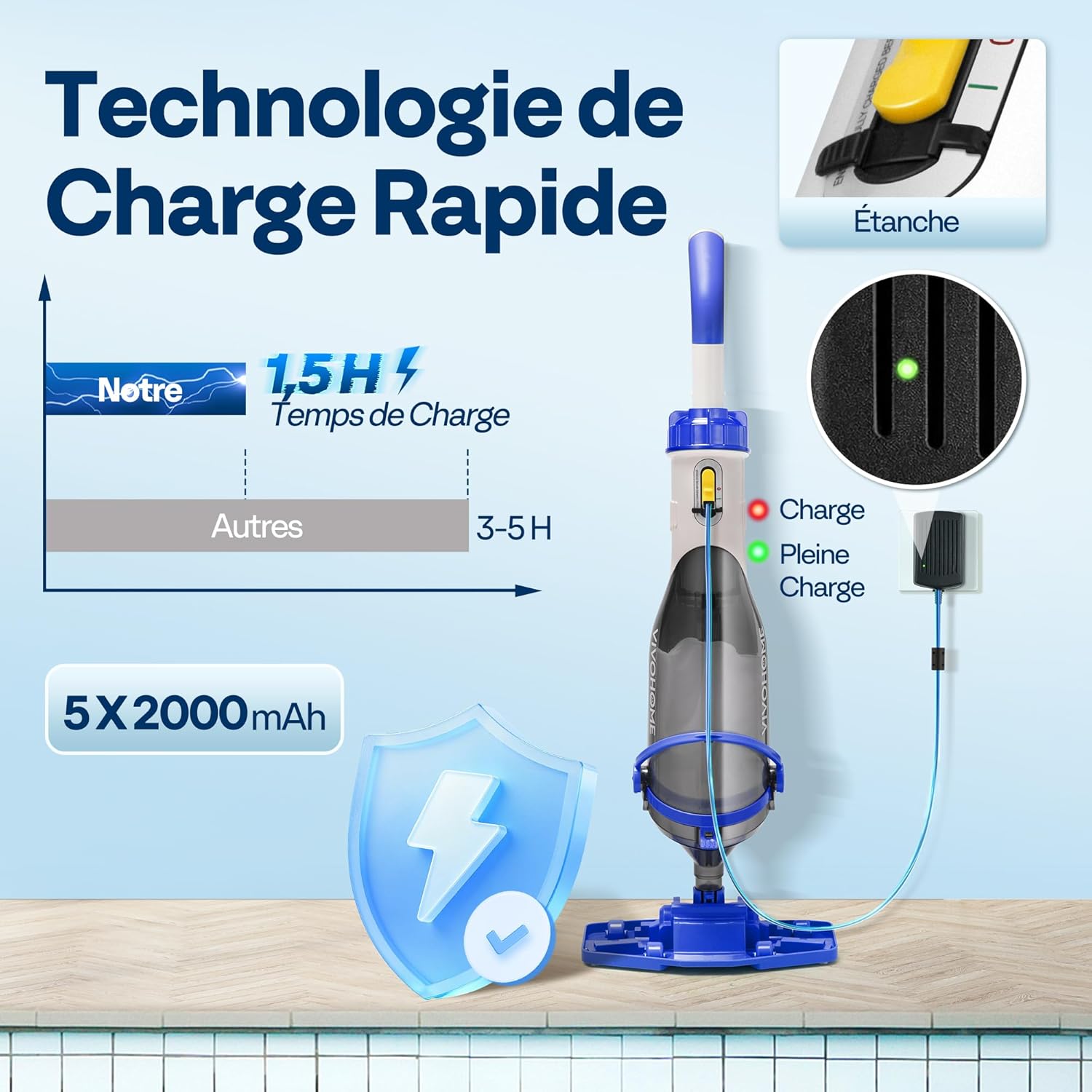 VIVOHOME 70LPM Aspirateur de Piscine sans Fil avec Batterie, Nettoyeur de Piscine Portable avec 4 Sacs Filtrants, Perche Télescopique, Aspiration 278cm pour Piscine Hors-Sol et Enterrée, Spa