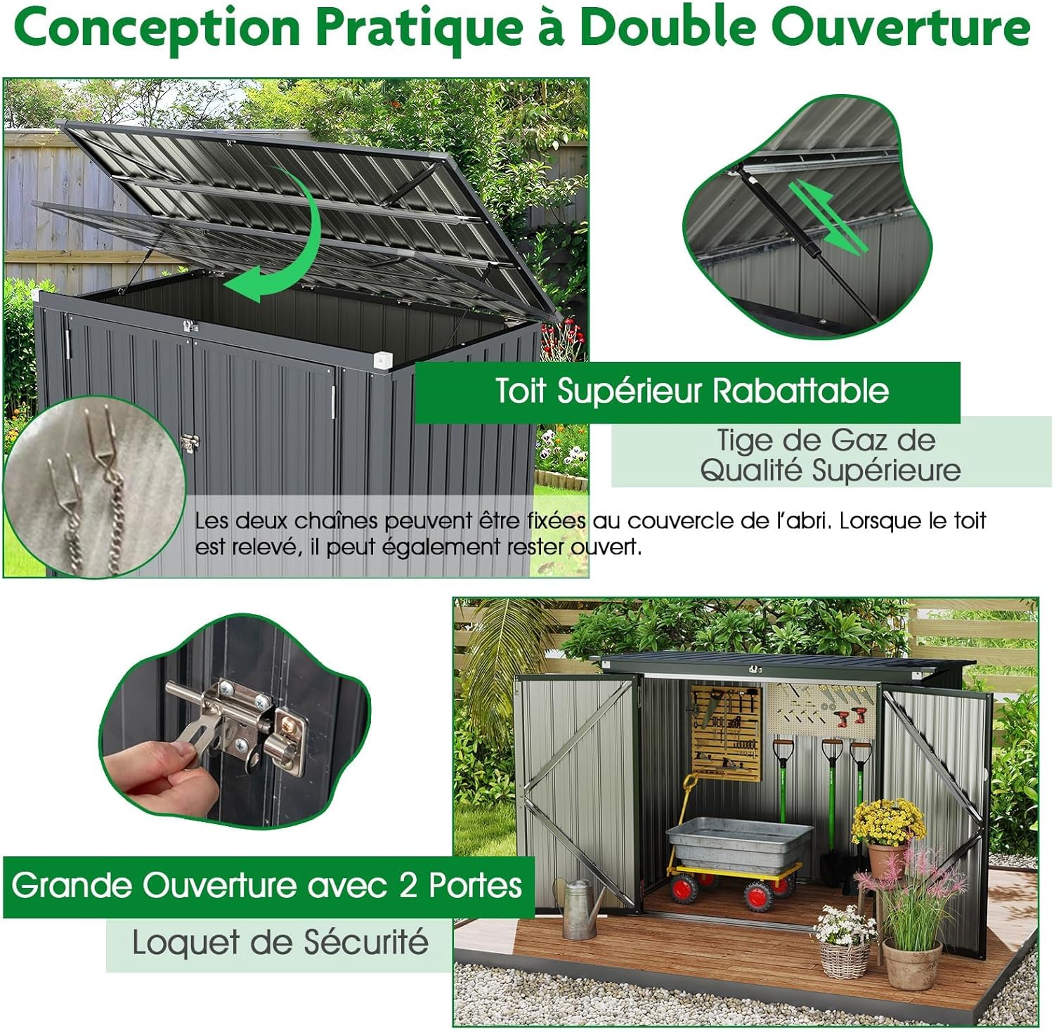 RELAX4LIFE - Abri de jardin métal - 172x100x129 cm - 2 portes, couvercle relevable