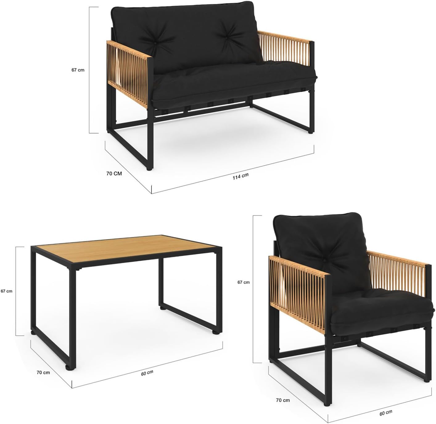 IDMarket - Salon de Jardin Bas Rio 4 Places - Structure métal noir, cordage rotin clair, coussins noirs