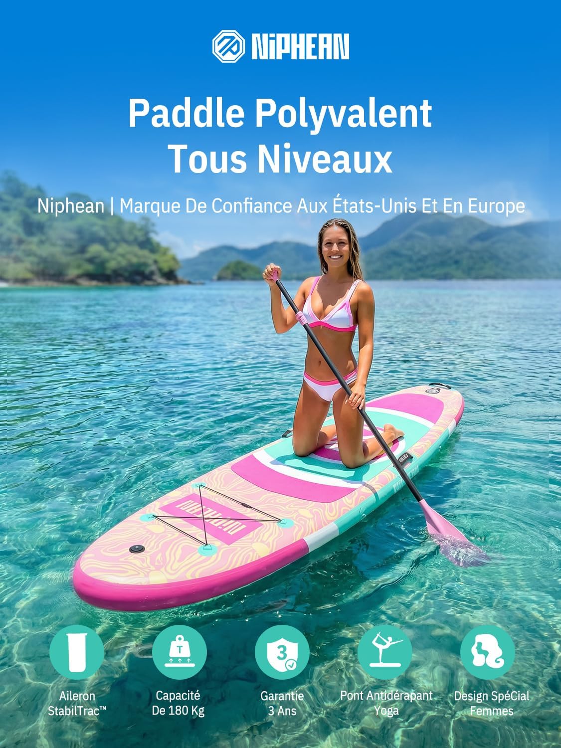 Niphean - Paddle gonflable adulte avec siège - ultraléger, +30% stabilité, antidérapant, idéal yoga
