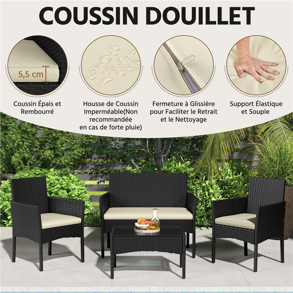 Yaheetech - Salon de jardin 4 places, polyrotin métal, canapé, fauteuils, table, coussins