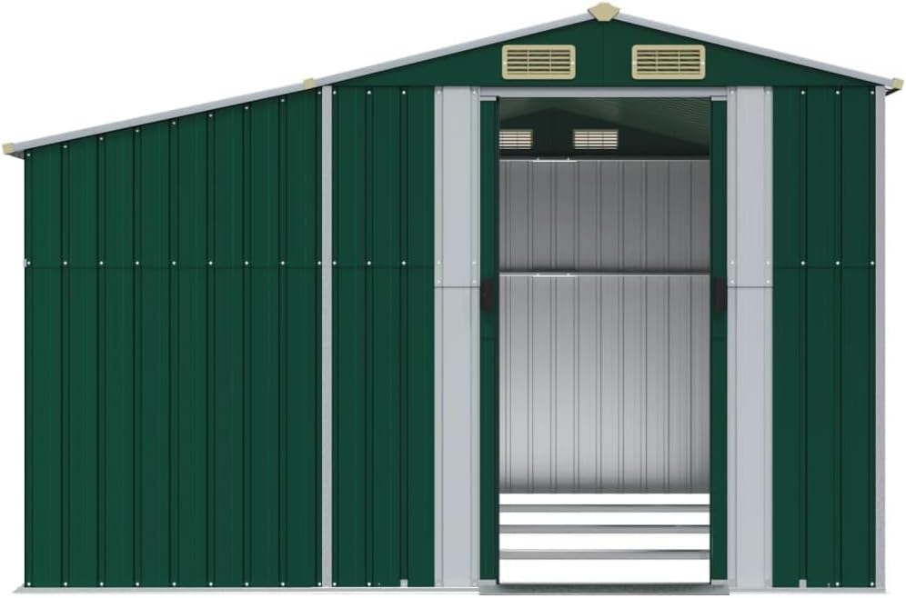 Abri de jardin acier galvanisé 277x365,5x179cm, vert, support bois, 4 aérations
