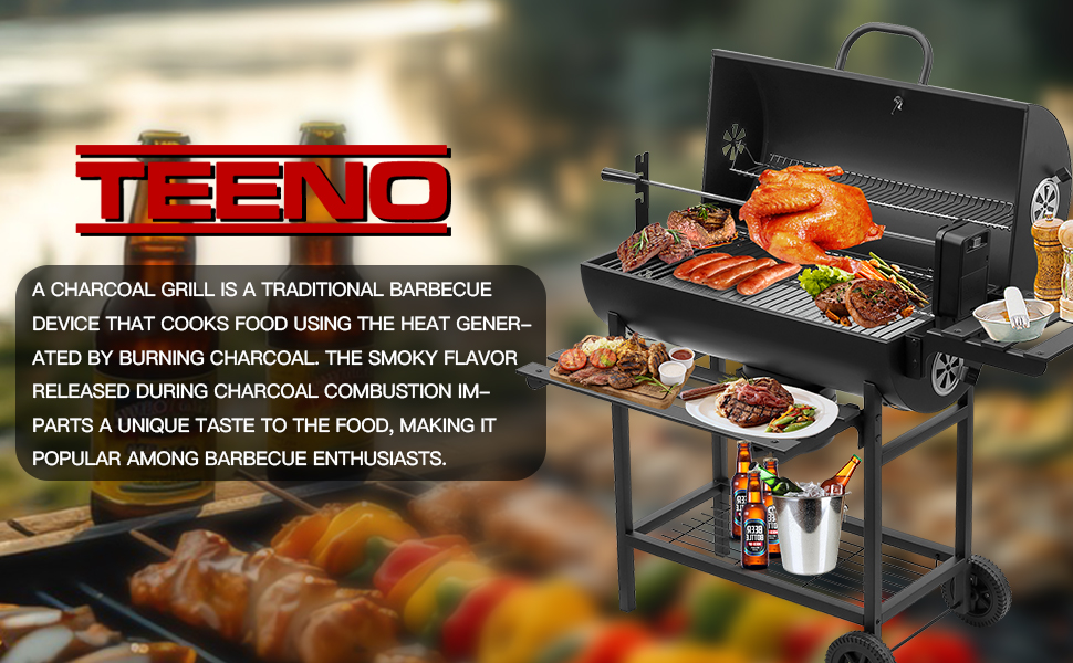 avec logo « TEENO ». Plusieurs surfaces de cuisson, étagères et roulettes pour plus de mobilité. Viandes et légumes grillés visibles sur les grilles.