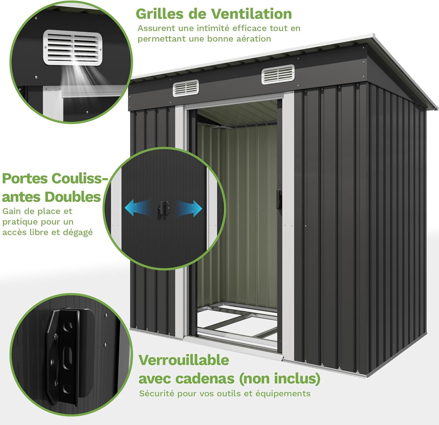 Devoko Abri de Jardin en métal 183x109x182cm avec Fondation, 3,6m³ Abri à Outils avec Toit en Pente et Porte coulissante, Extérieur, Résistant aux intempéries, Abri de Jardin pour vélo, terrasse