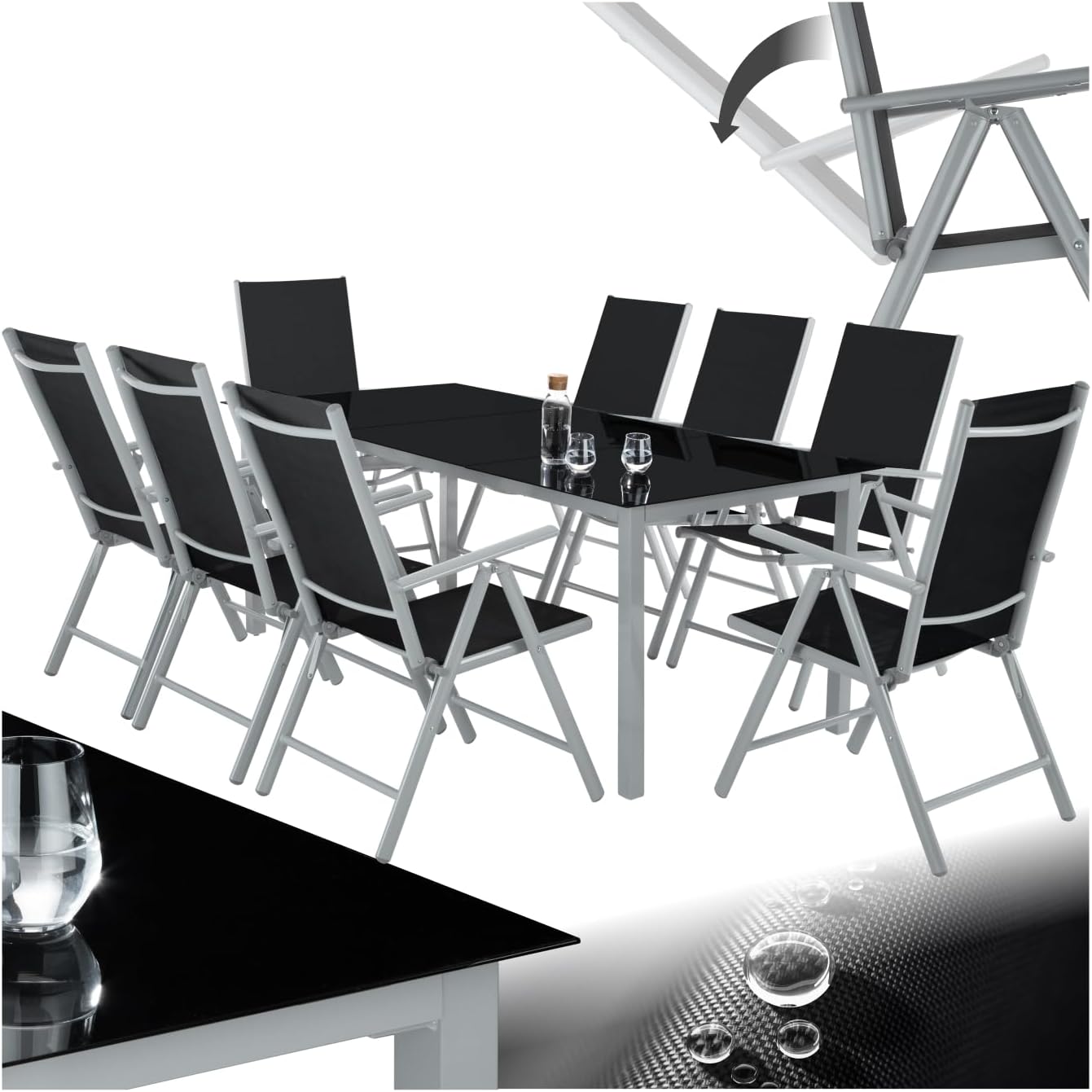 tectake - Salon de Jardin 8 Fauteuils Pliables Aluminium, Table, Facile entretien