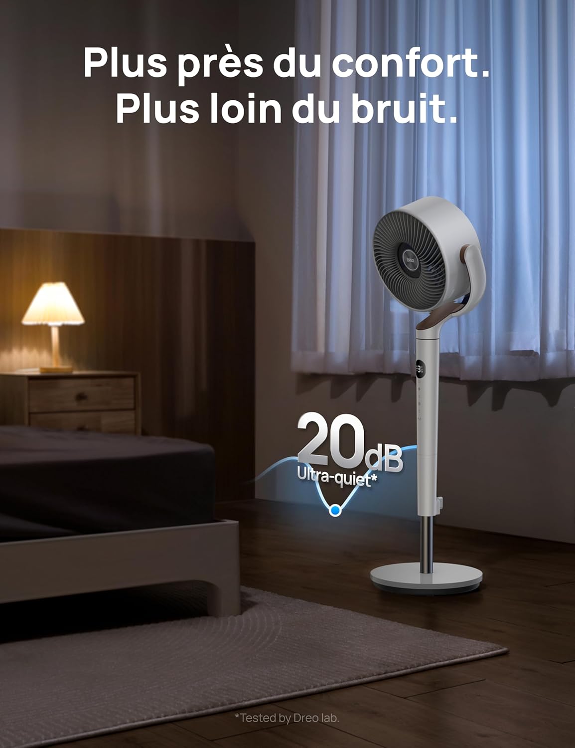 DREO ventilateur sur pied silencieux 20 dB avec oscillation omnidirectionnelle 120°+120°, portée du vent 26 m, débit d’air 1615 m³/h, circulateur Turbo, hauteur réglable 94–107 cm, 3 modes, 8 vitesses
