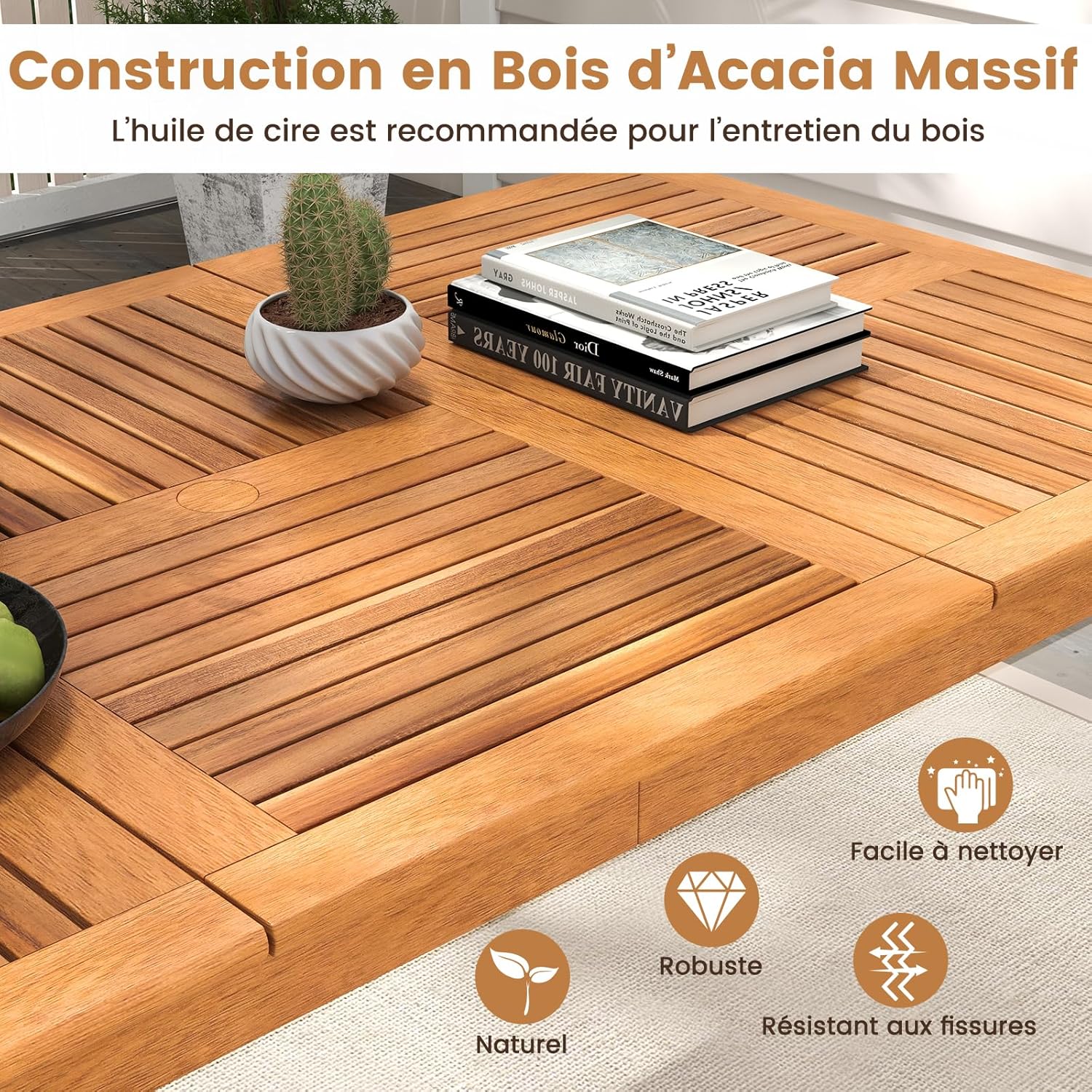 GOPLUS - table repas extérieur Acacia FSC 90x200cm, 8 places, trou parasol, charge 160kg