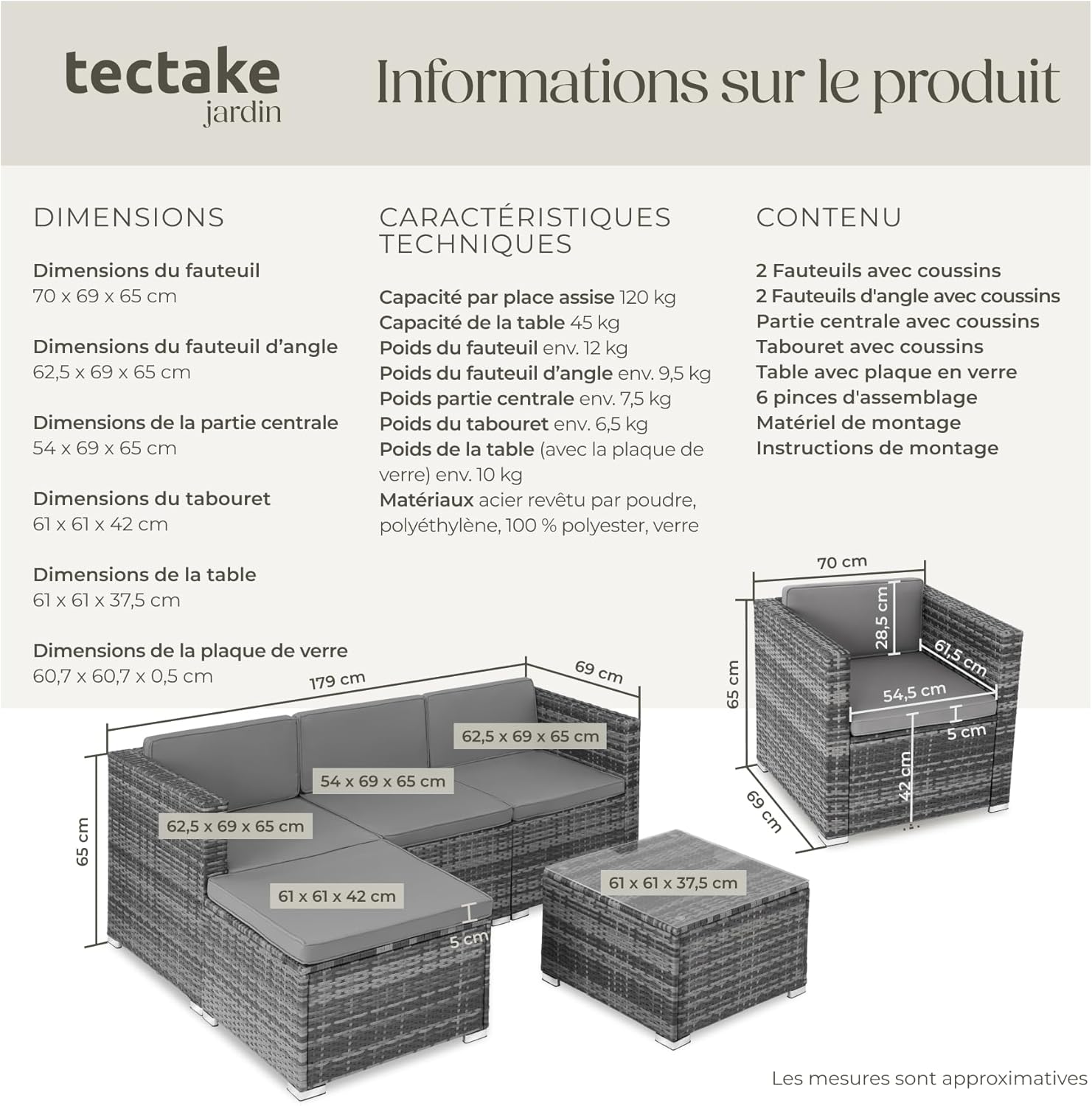 tectake - Salon de jardin modulable 7 places, poly rotin, coussins inclus