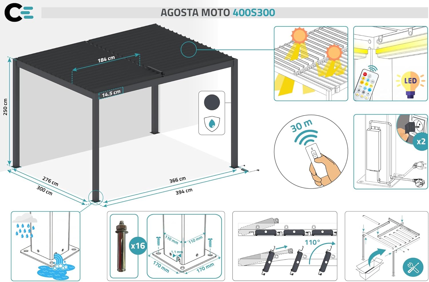 Cazeboo - Pergola bioclimatique motorisée série Agosta - 4x3m - LED, aluminium gris, H 250cm
