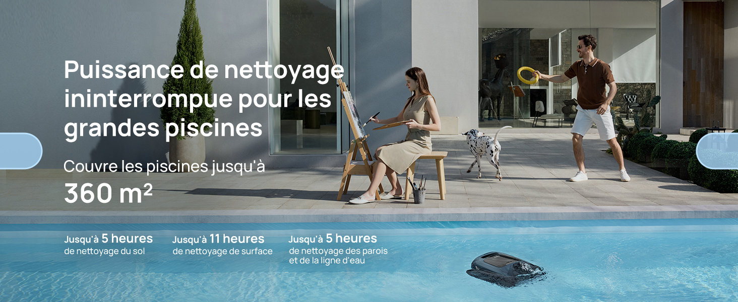 en action. Le texte indique une puissance de nettoyage ininterrompue pour les grandes piscines jusqu'à 360 m². Des personnes et un chien sont visibles près de la piscine.