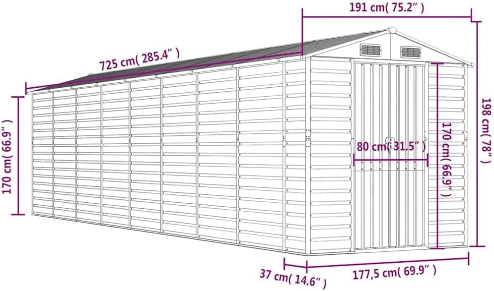 vidaXL Abri de Jardin, Cabane à Outils avec Poignées, Remise à Outils avec Toit Inclinable, Abri de Rangement Terrasse, Vert 191x725x198 cm Acier Galvanisé