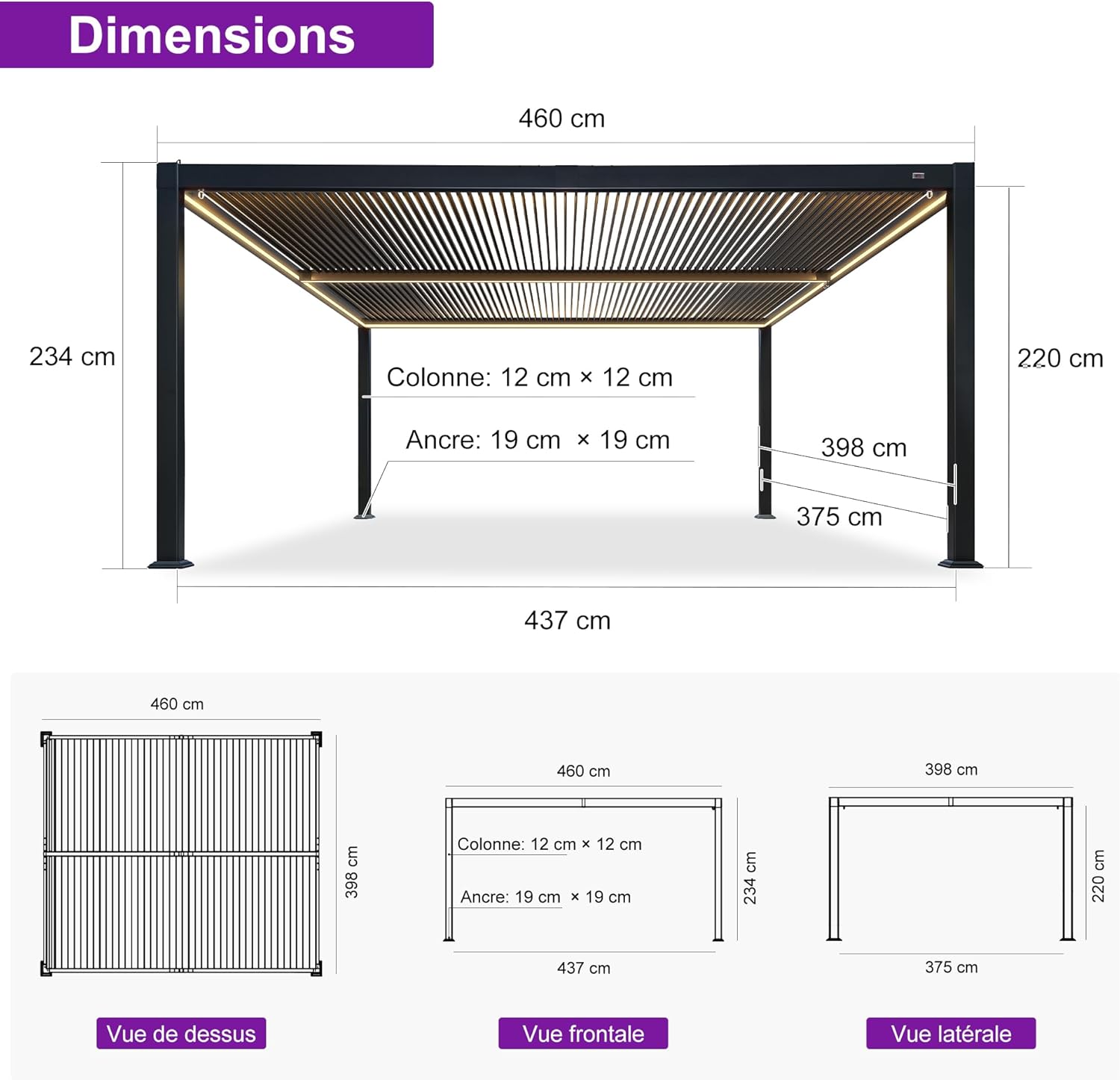 PURPLE LEAF - Pergola bioclimatique alu 4x4.6m, lames LED, durable