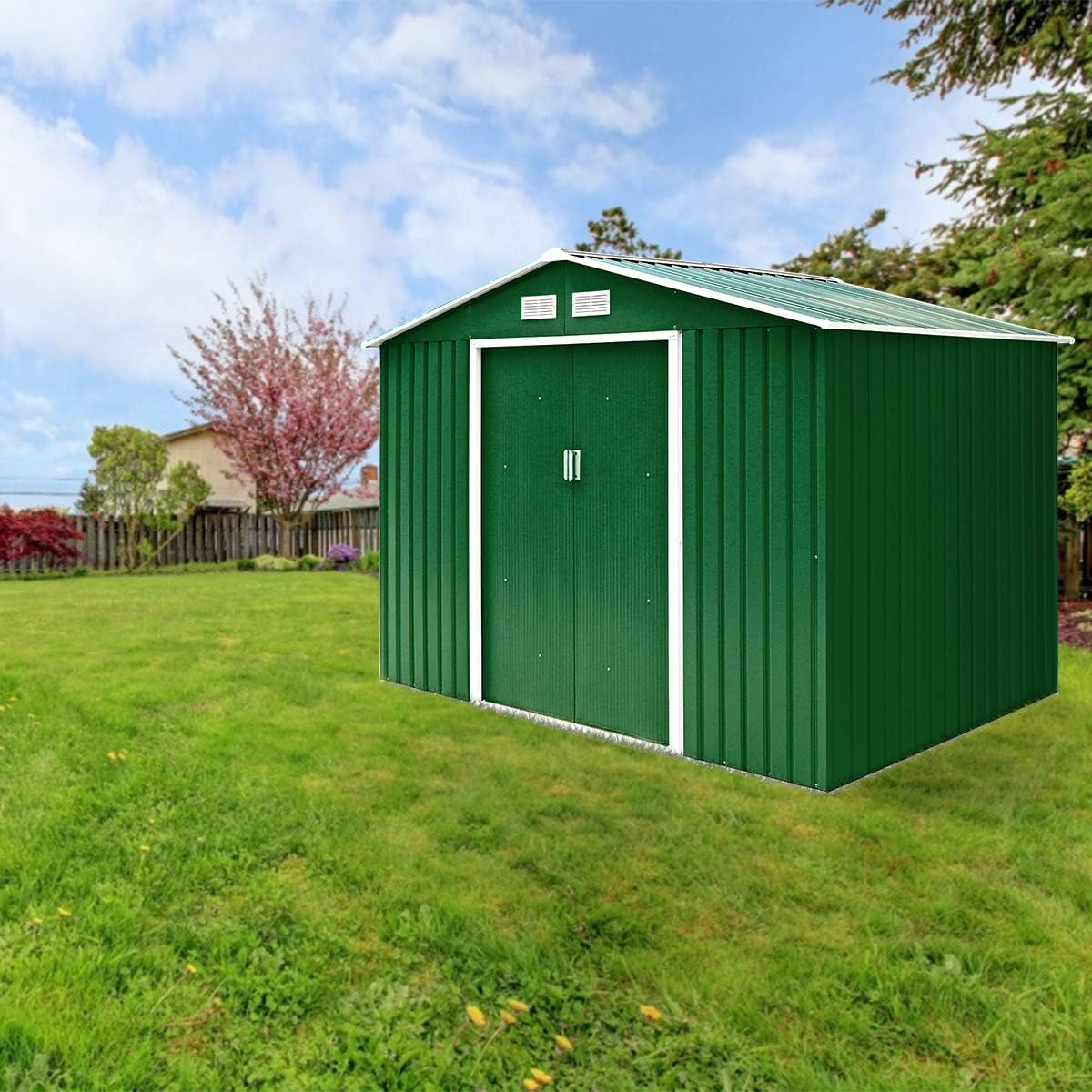 GOPLUS 2,37㎡ Abri de Jardin en Métal Galvanisé avec Base, Cabine de Jardin Extérieur Portes Coulissantes, 4,39m³, Résistant aux Intempéries, Cabane de Rangement à Outils, 213 x 127 x 185 cm, Vert