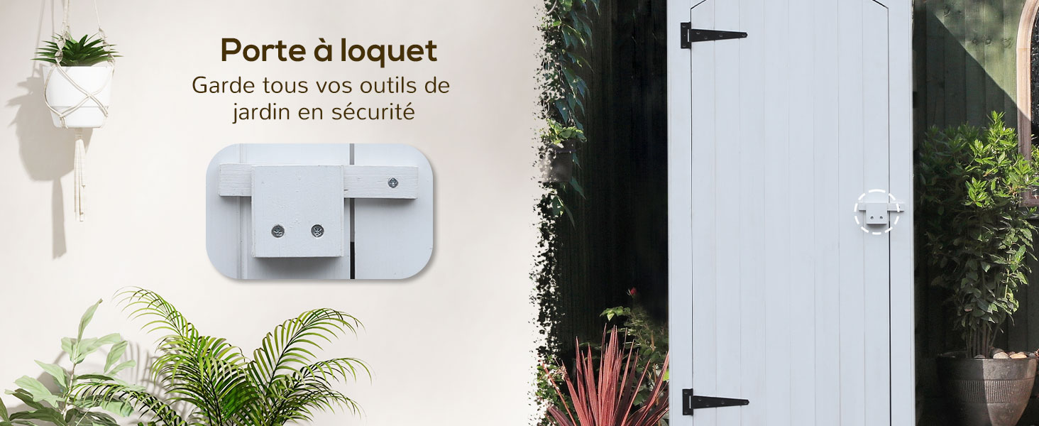 Loquet de rangement pour outils de jardin blanc fixé au mur. Le texte en français le décrit comme une solution de rangement sécurisée pour les outils de jardin.