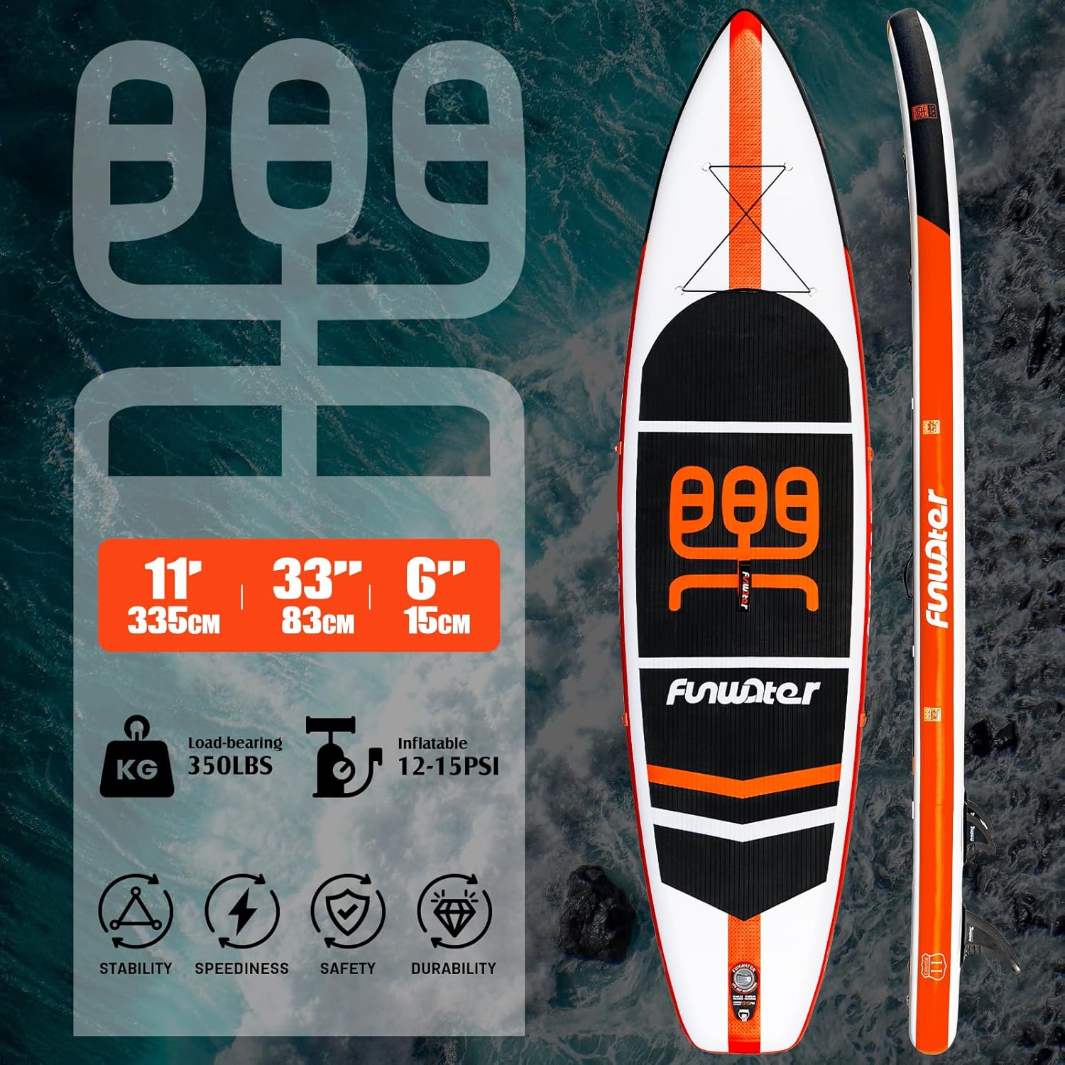FunWater - SUP Gonflable Débutant/Famille - 320cm - Antidérapant EVA, pack complet