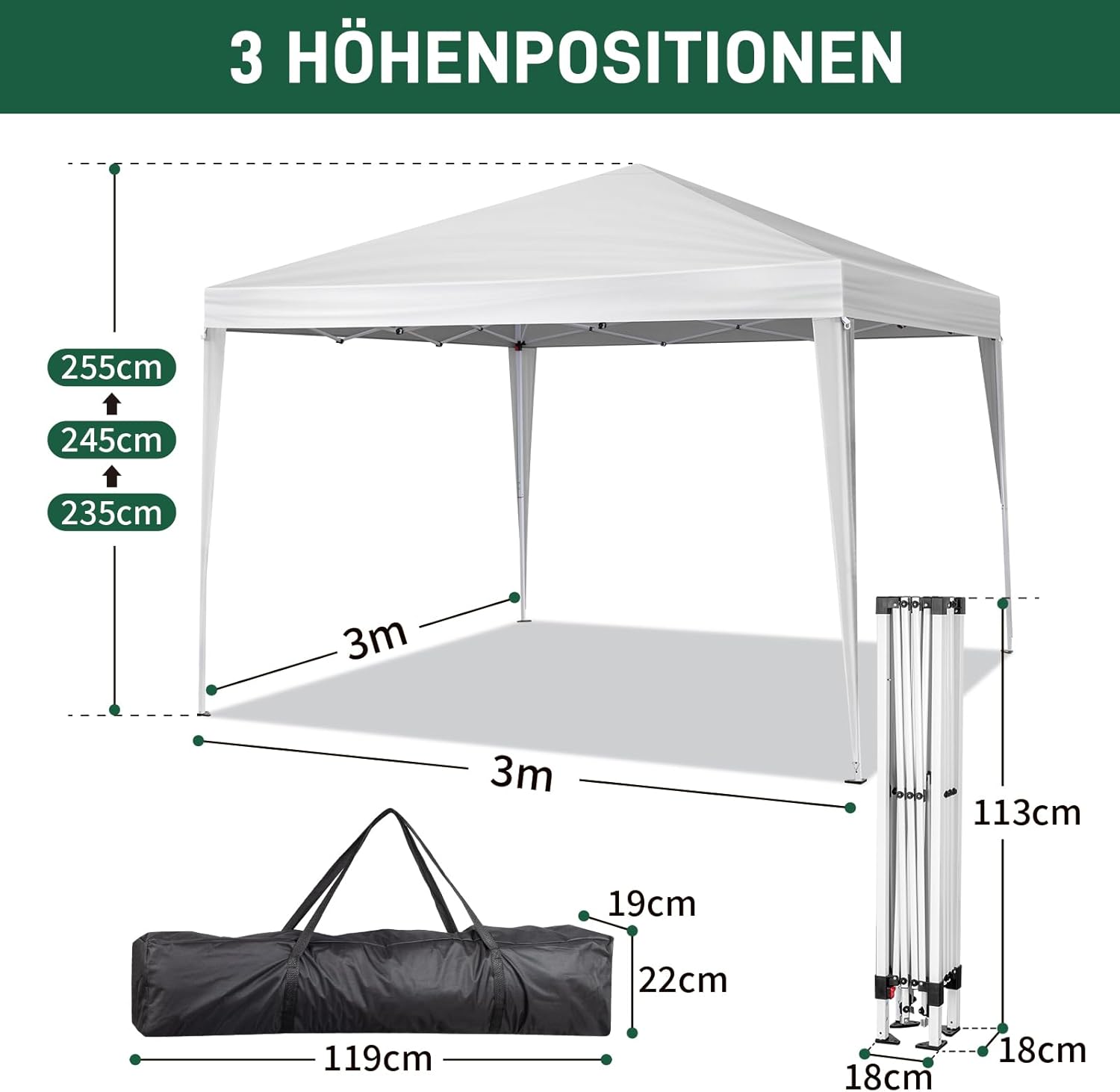 LEADZM - tonnelle pliante - 3x3m - hauteur réglable, 4 côtés, imperméable, acier, UV50+