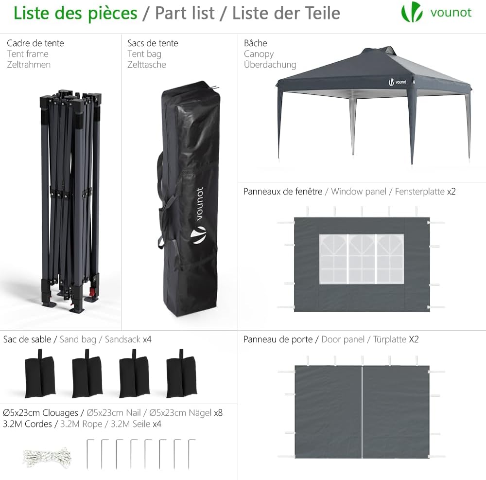 VOUNOT - Tonnelle pliable 3x3m - imperméable, anti-UV, réglable