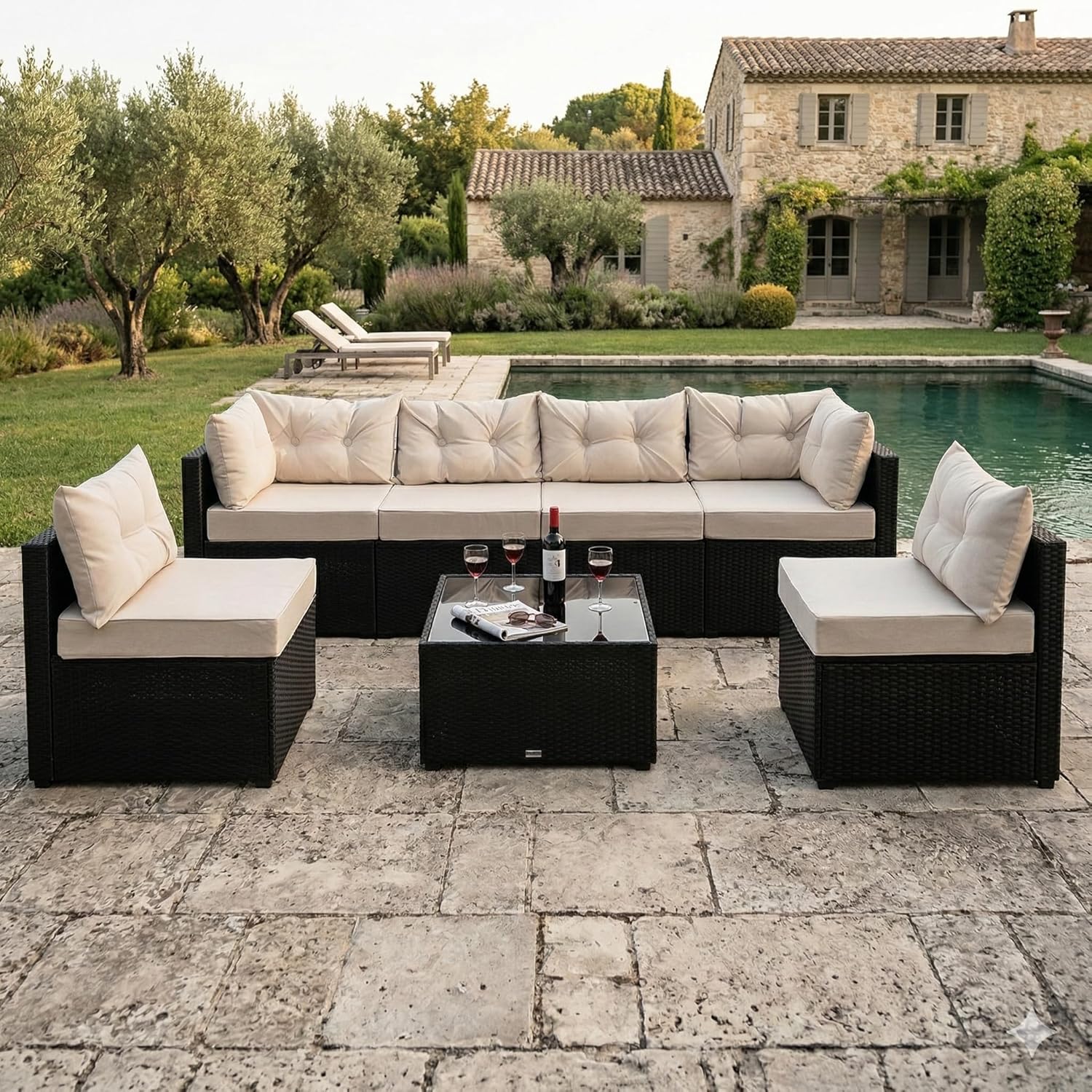 CONCEPT USINE - NACULA - Salon de jardin 5 places, résine tressée, coussins beige, table basse verre, extérieur