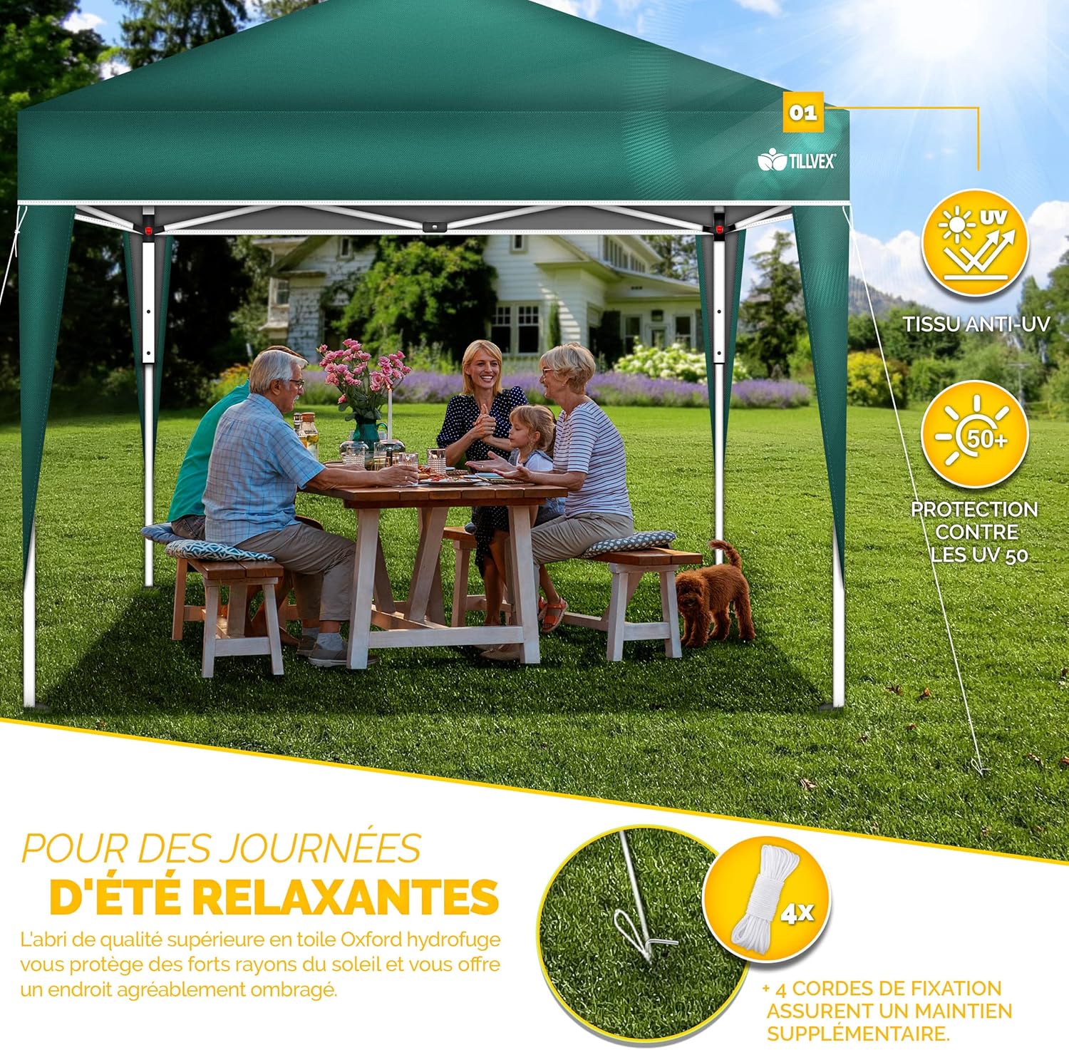 tillvex - Tonnelle pliante 3x3m - réglable, UV 50+, sac de transport