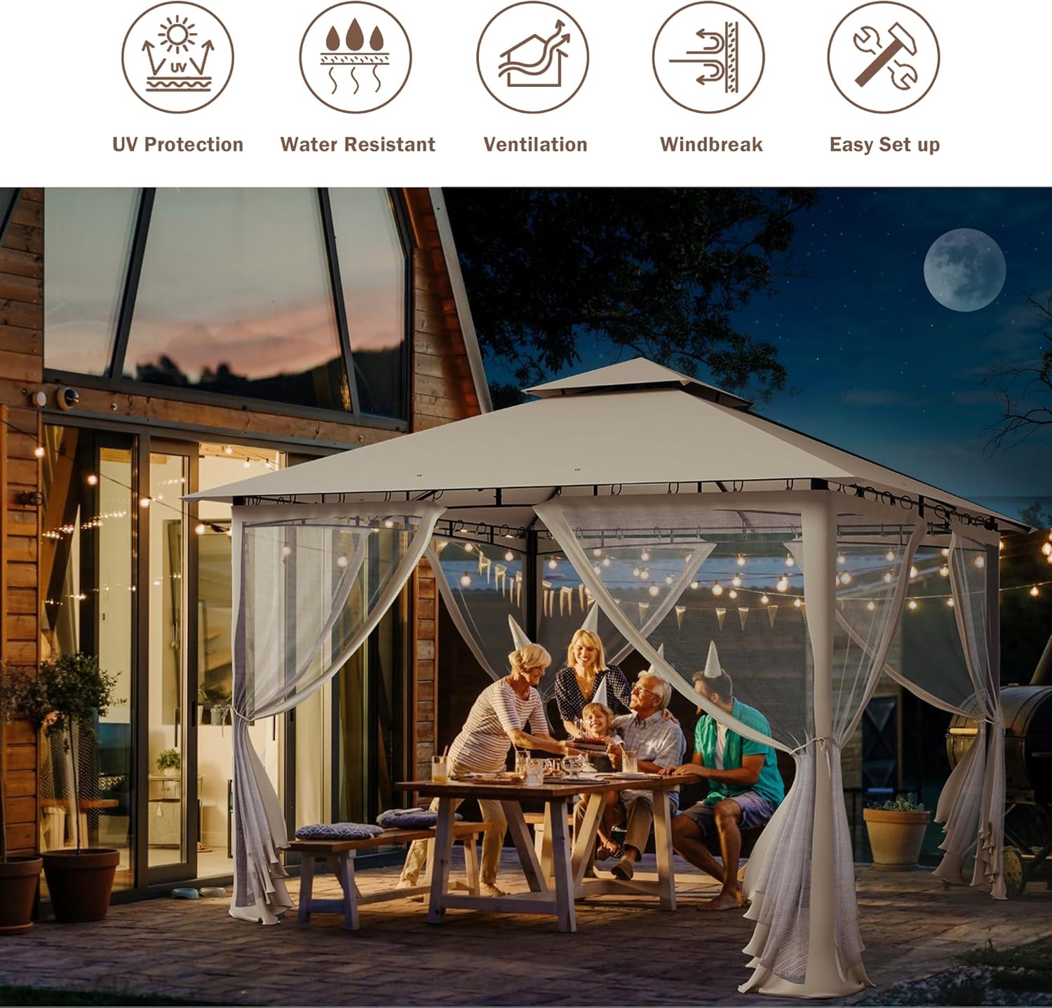 UDPATIO - tonnelle double toiture 3.4x3.4m, moustiquaire, métal solide, UDPATIO