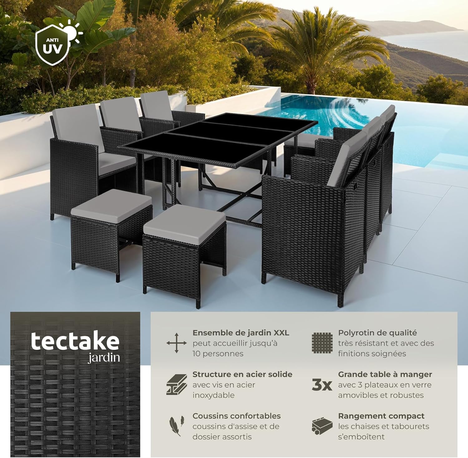 tectake - Salon de jardin polyrotin 10 pers, 6 fauteuils, 4 poufs, housse