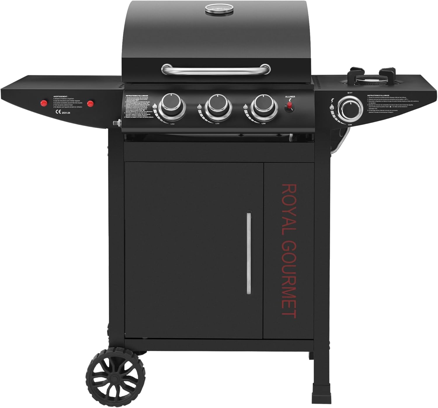 Royal Gourmet - barbecue gaz 3+1 brûleurs inox - 11,5 kW - chariot, 2 roues, thermomètre