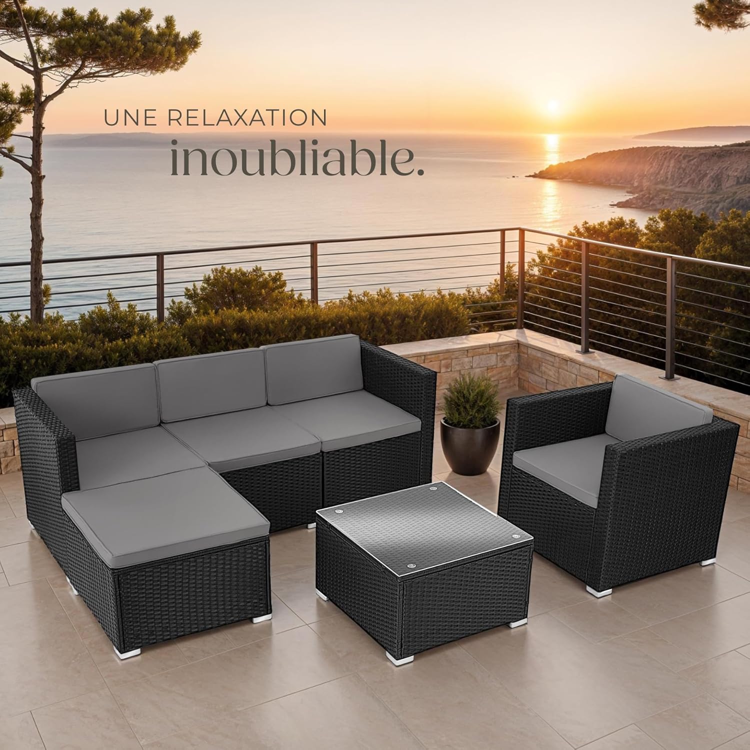 tectake - salon modulable 5 places poly rotin - coussins inclus - 4 fauteuils, 1 pouf, 1 table