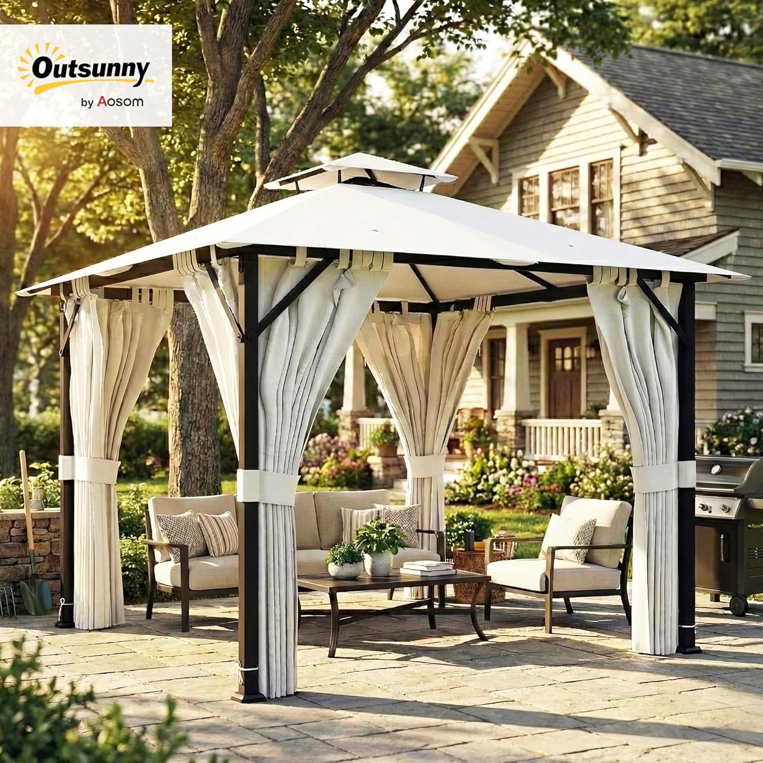 Outsunny - tonnelle pavillon 3x3m - métal robuste, toit double, rideaux, UPF50+