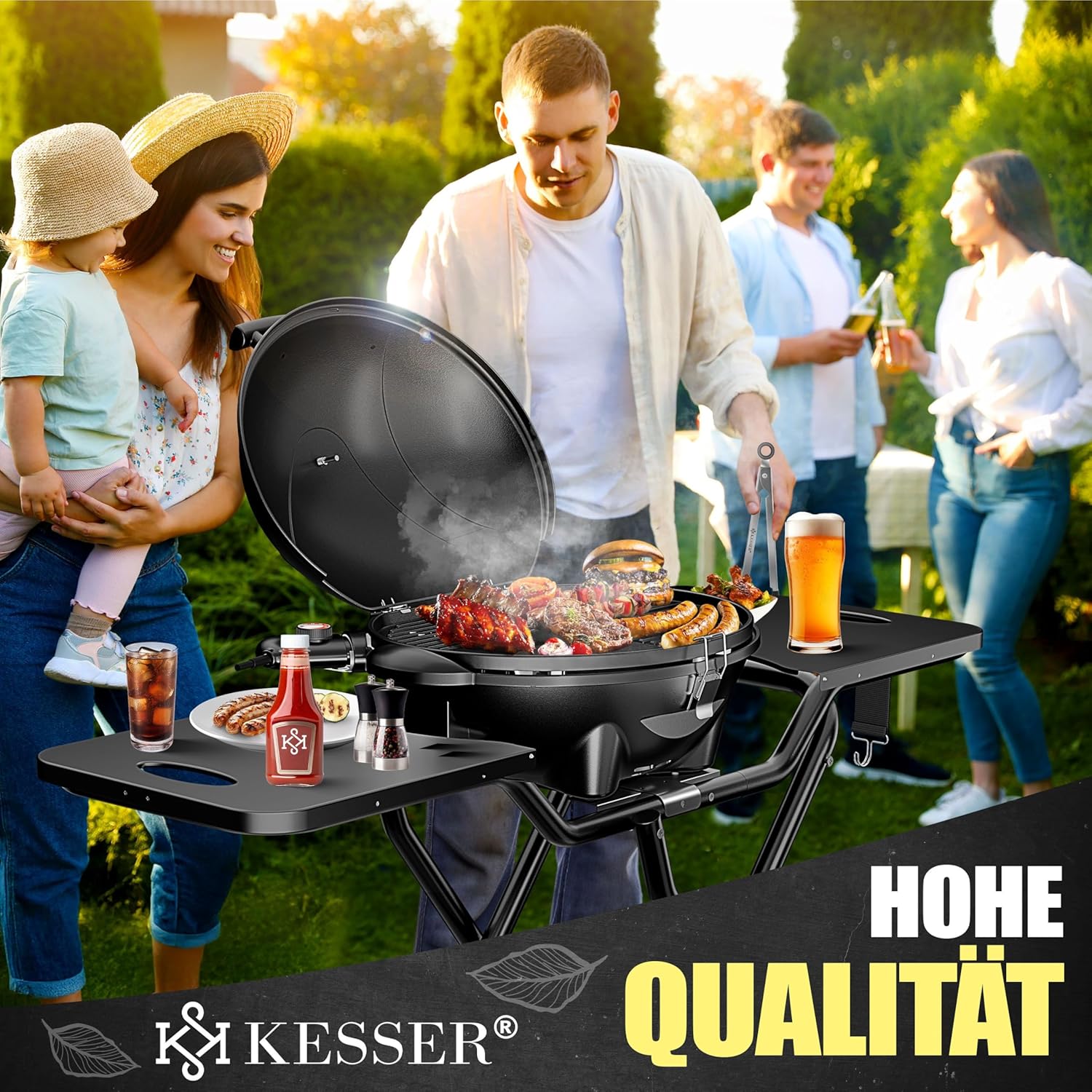 KESSER - Gril électrique pliable, 2400W, couvercle, thermomètre, table