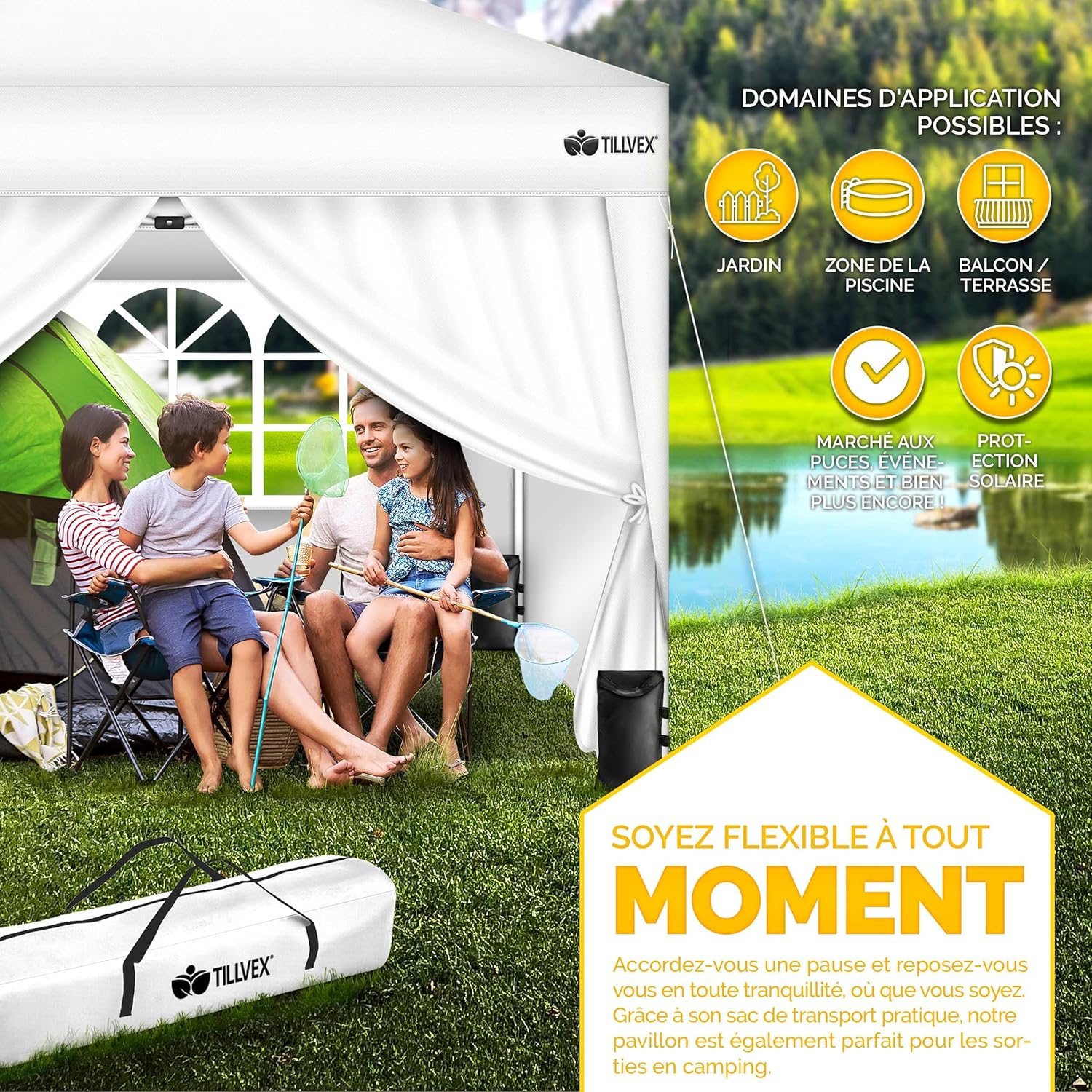 tillvex Tonnelle de Jardin 3 x 3 m Pliable avec 4 côtés | Tente de Jardin Pliante réglable en Hauteur | Auvent Pliant pour Camping, Festival, Plage, Jardin | Protection UV 50+ + Sac de Jardin