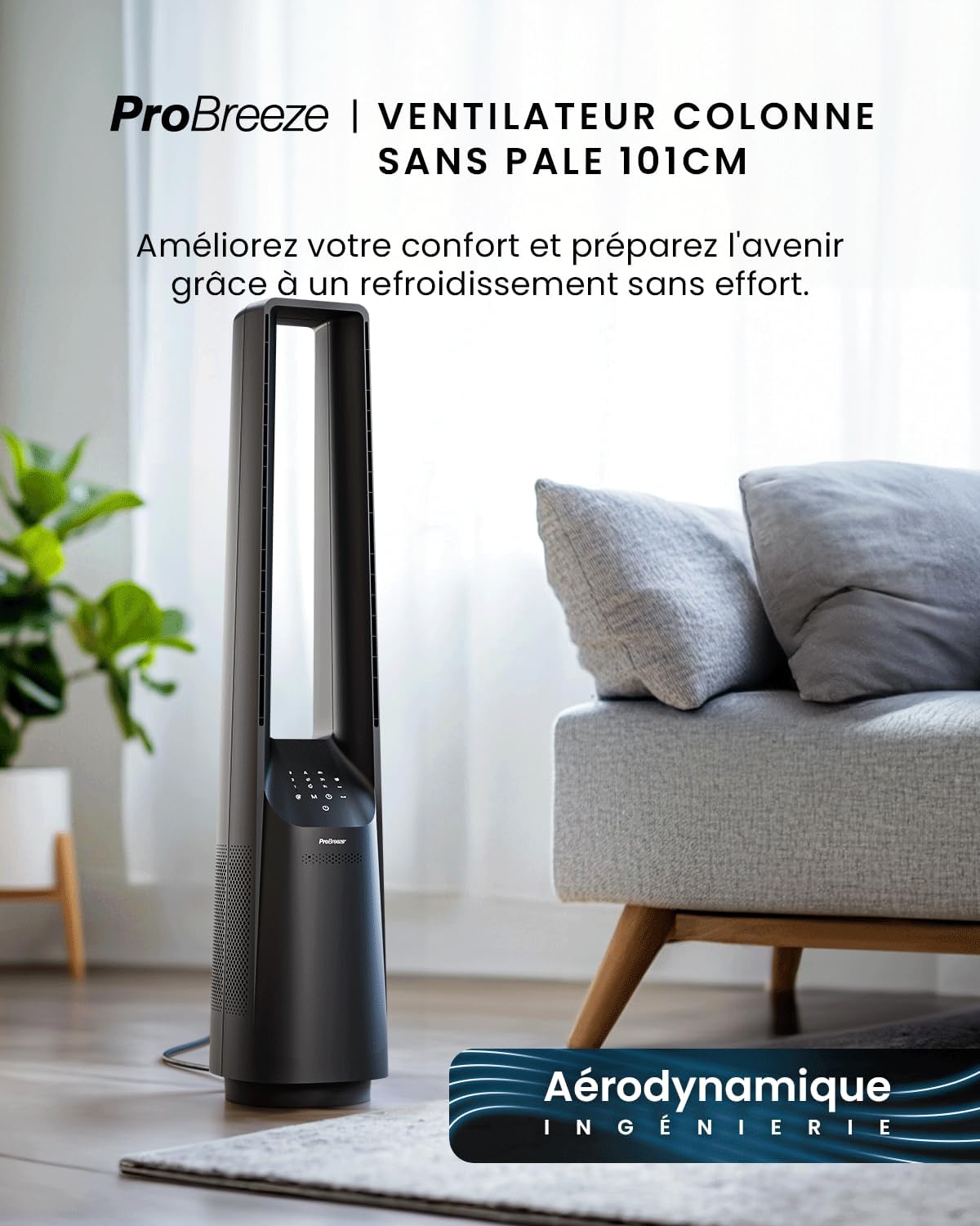 Pro Breeze - Ventilateur colonne sans pales - 101 cm - WiFi, ultra silencieux, LED, télécommande, 6 vitesses, 5 modes, o
