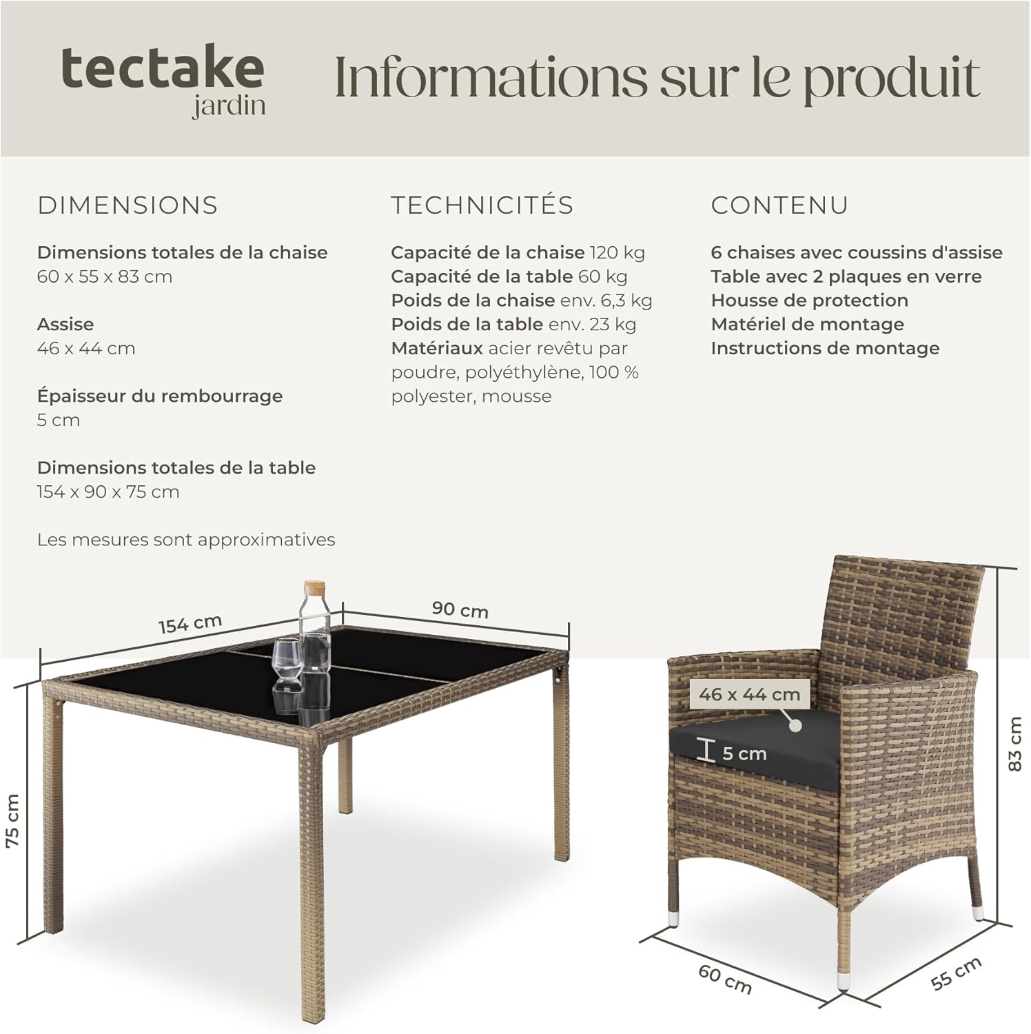 tectake - Salon de jardin poly rotin, 6 chaises confortables, résistant UV, table - 4260624128841
