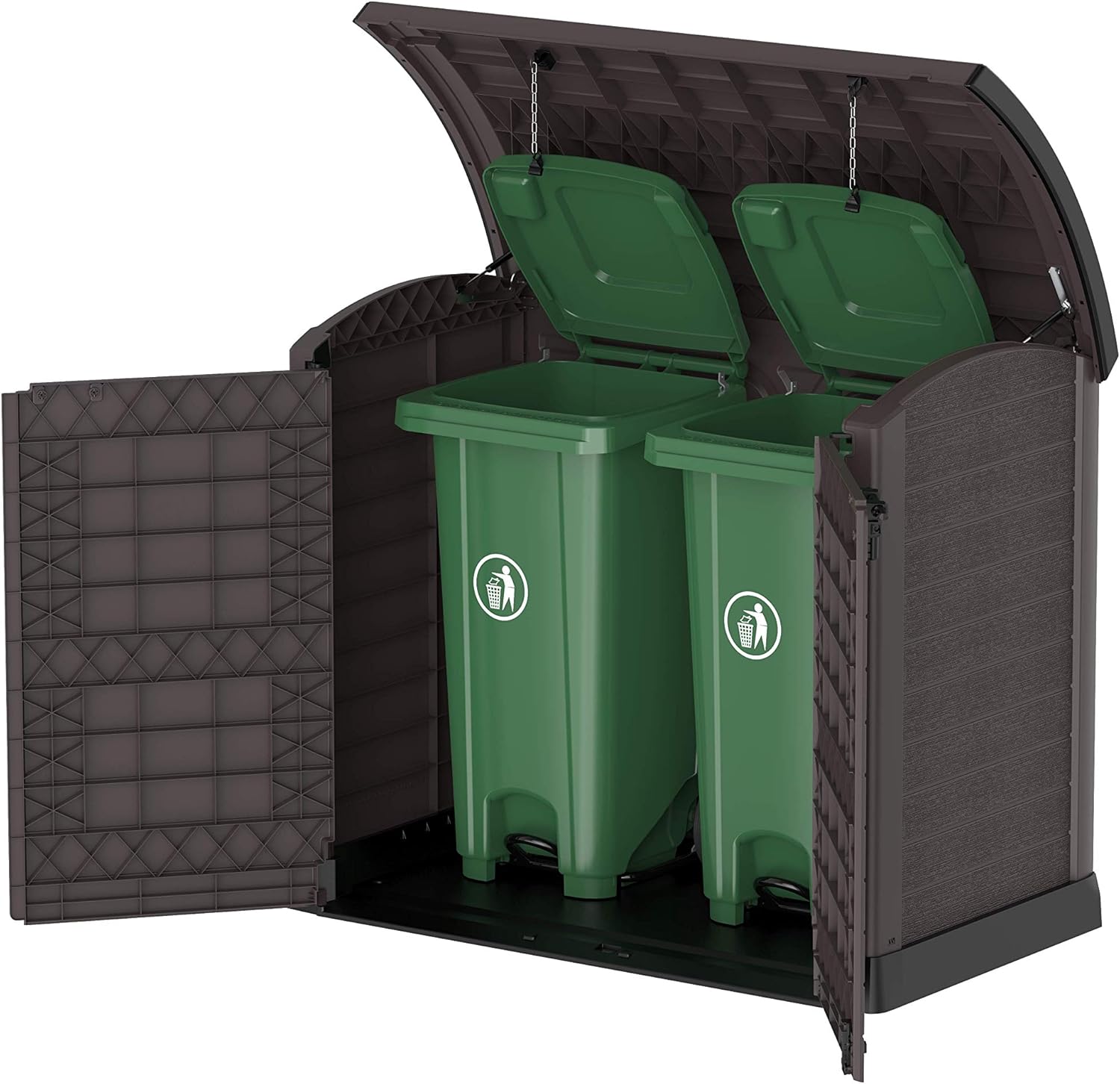 Duramax Cedargrain StoreAway 1200L Abri de jardin en plastique / couvercle arc, Abri pour poubelles, Cache poubelles, Coffre de poubelle, Idéal pour les 2x 240L poubelles, 145x85x125 cm, Marron