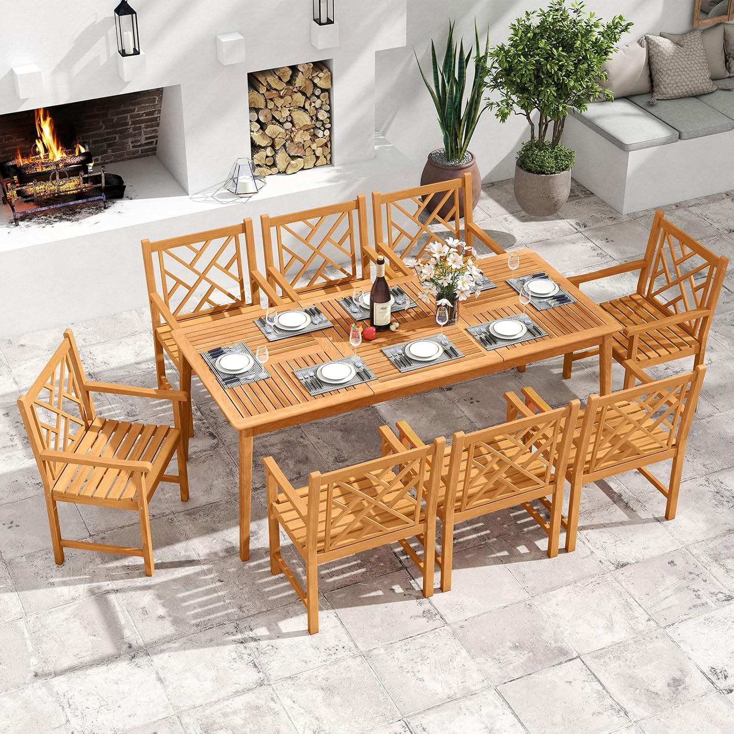 COSTWAY - Table de jardin en bois d'acacia - 200x90 cm - 8 personnes, trou parasol 5 cm