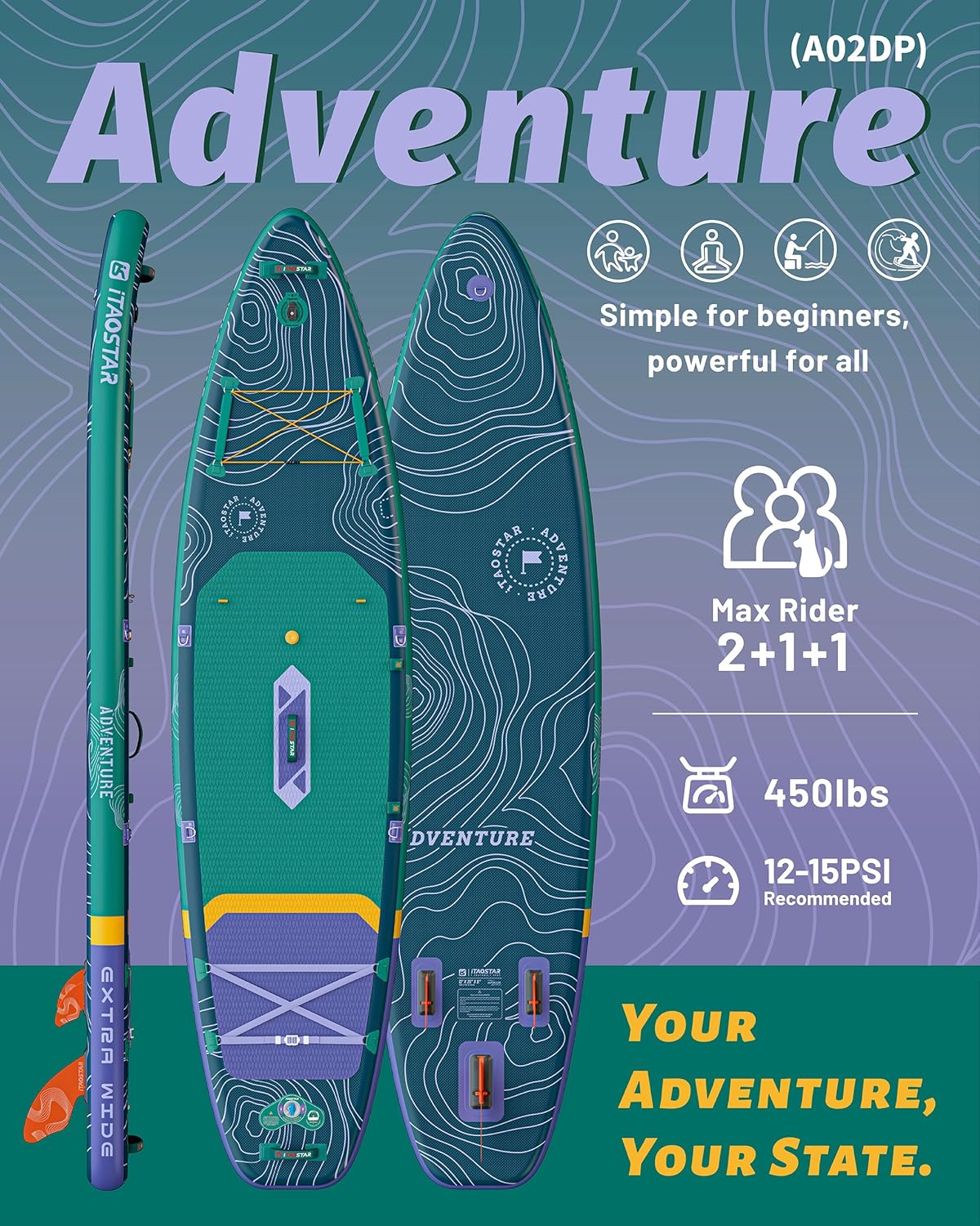 iTAOSTAR - Adventure - 365×88cm - Paddle gonflable XL, siège, 5 ailerons