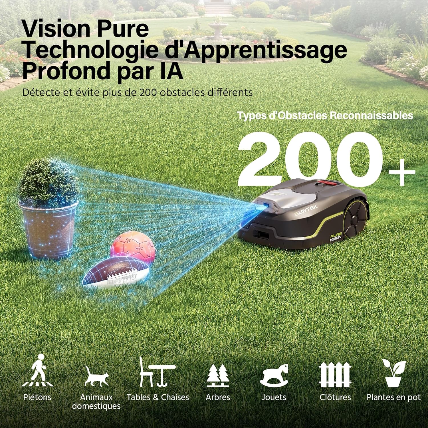 Suntek - Robot Tondeuse IA Caméra, 500m², pente 35°, IPX5, contrôle APP