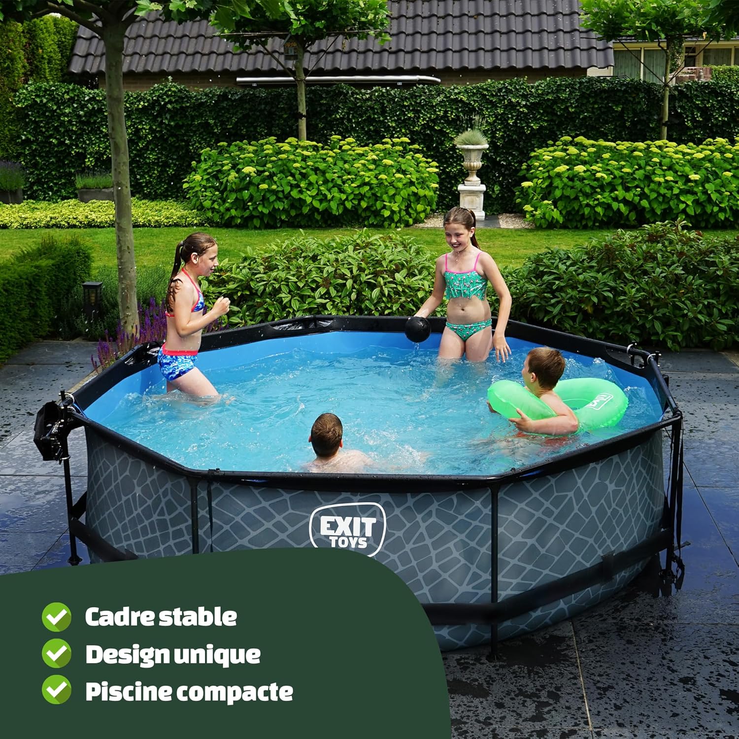 EXIT TOYS Piscine Tubulaire Stone - ø360x76cm - Piscine Hors Sol Ronde Grande avec Pompe Filtrante à Cartouche - Entrée Basse - Idéal pour Les Jeunes Enfants - Cadre Stable - Design Unique - Gris