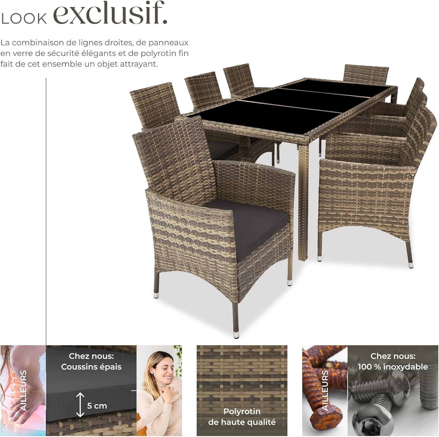 tectake - Salon de jardin rotin, 8 fauteuils, table, housse, confort, marron naturel/gris foncé