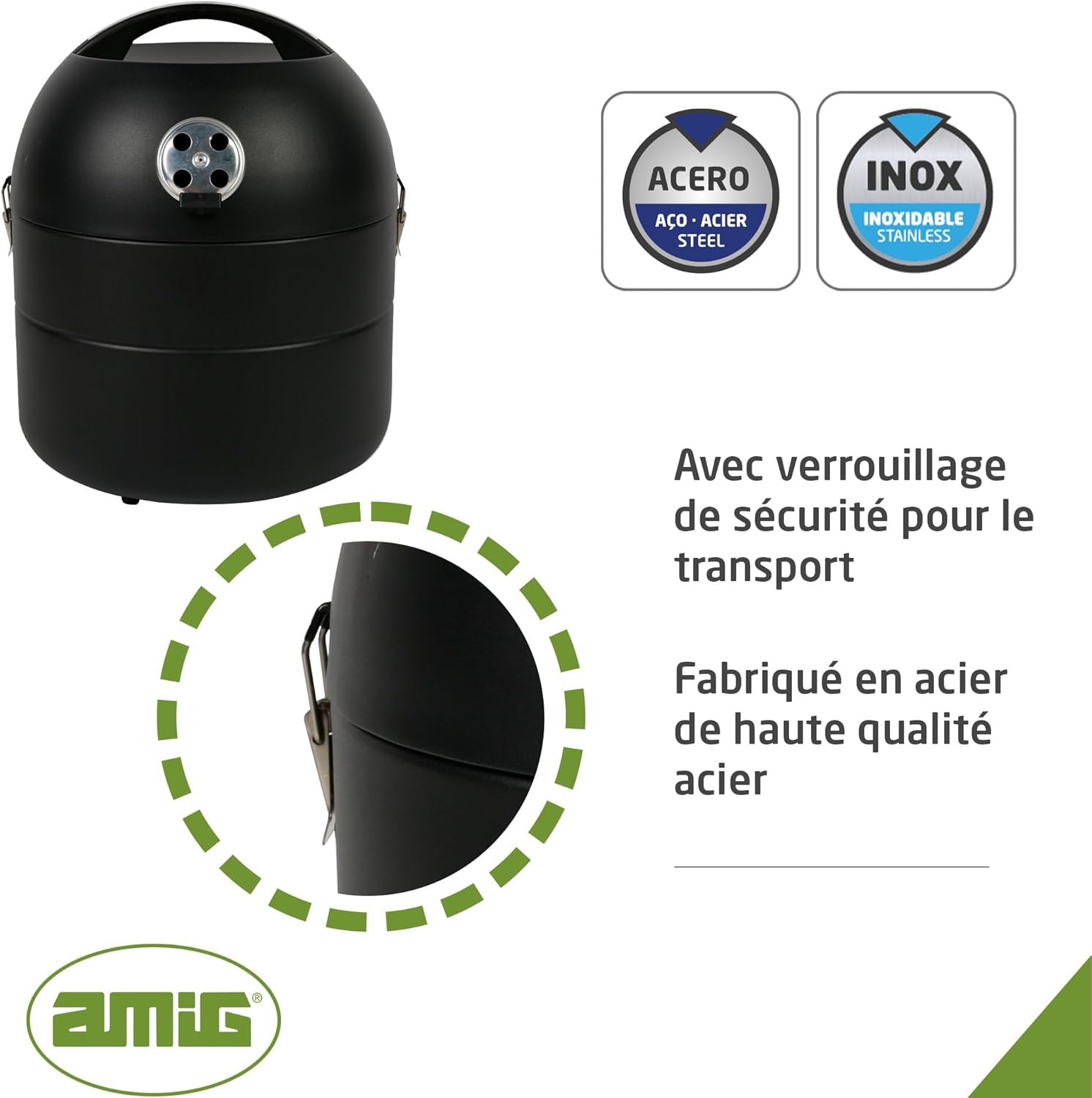 Amig - Fireplus barbecue portable, Ø34,5x42,8cm, grille Ø29cm, couvercle, ventilation
