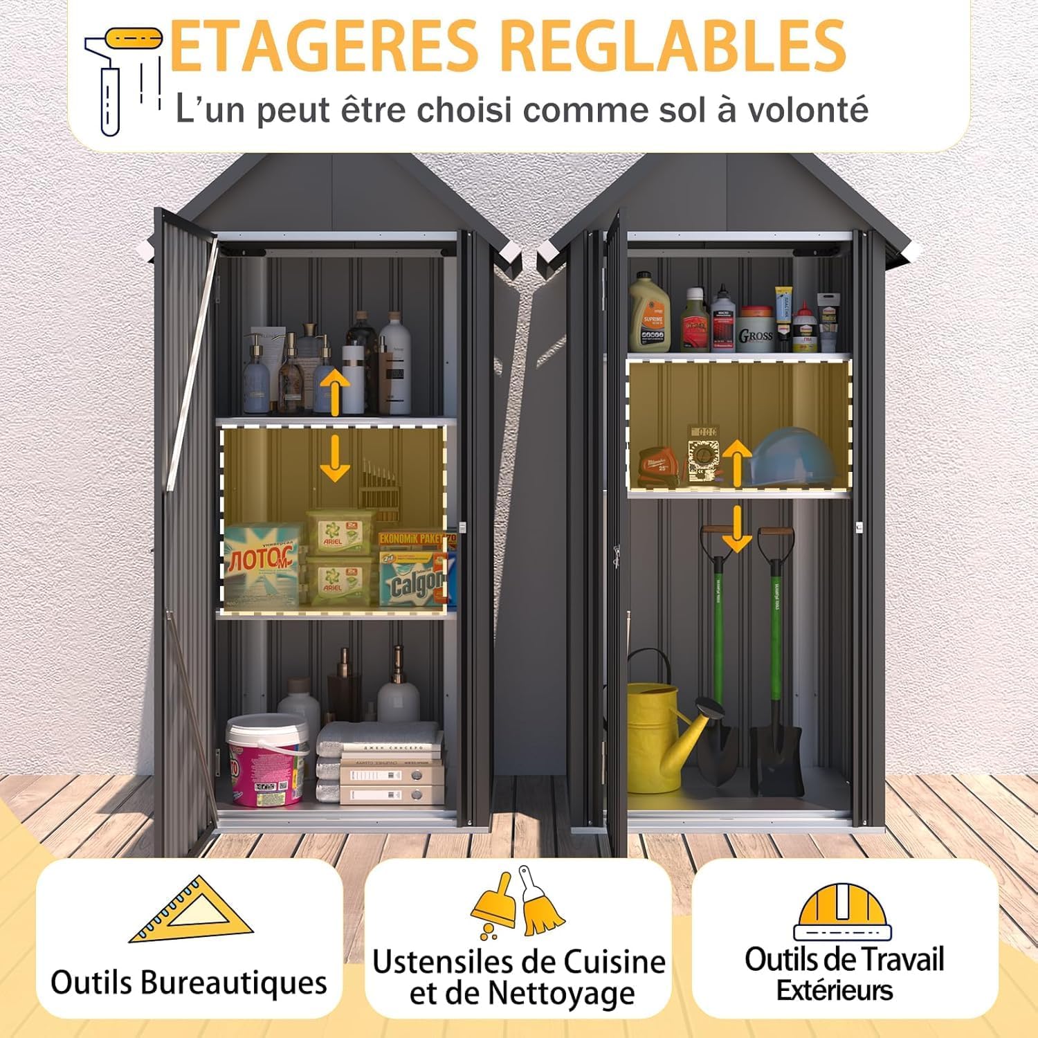 YODOLLA Abri de Jardin Métal, Cabane de Rangement Tout Climat, Résistant aux Intempéries (Pluie, Vent, Soleil)， Porte Fermeture Sécurisée et 3 Étagères Amovibles, 76x55x178cm, Gris foncé