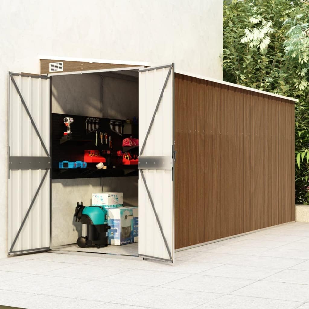 vidaXL - Abri de jardin mural - 118x382x178 cm - acier galvanisé, rangement outils, extérieur, marron