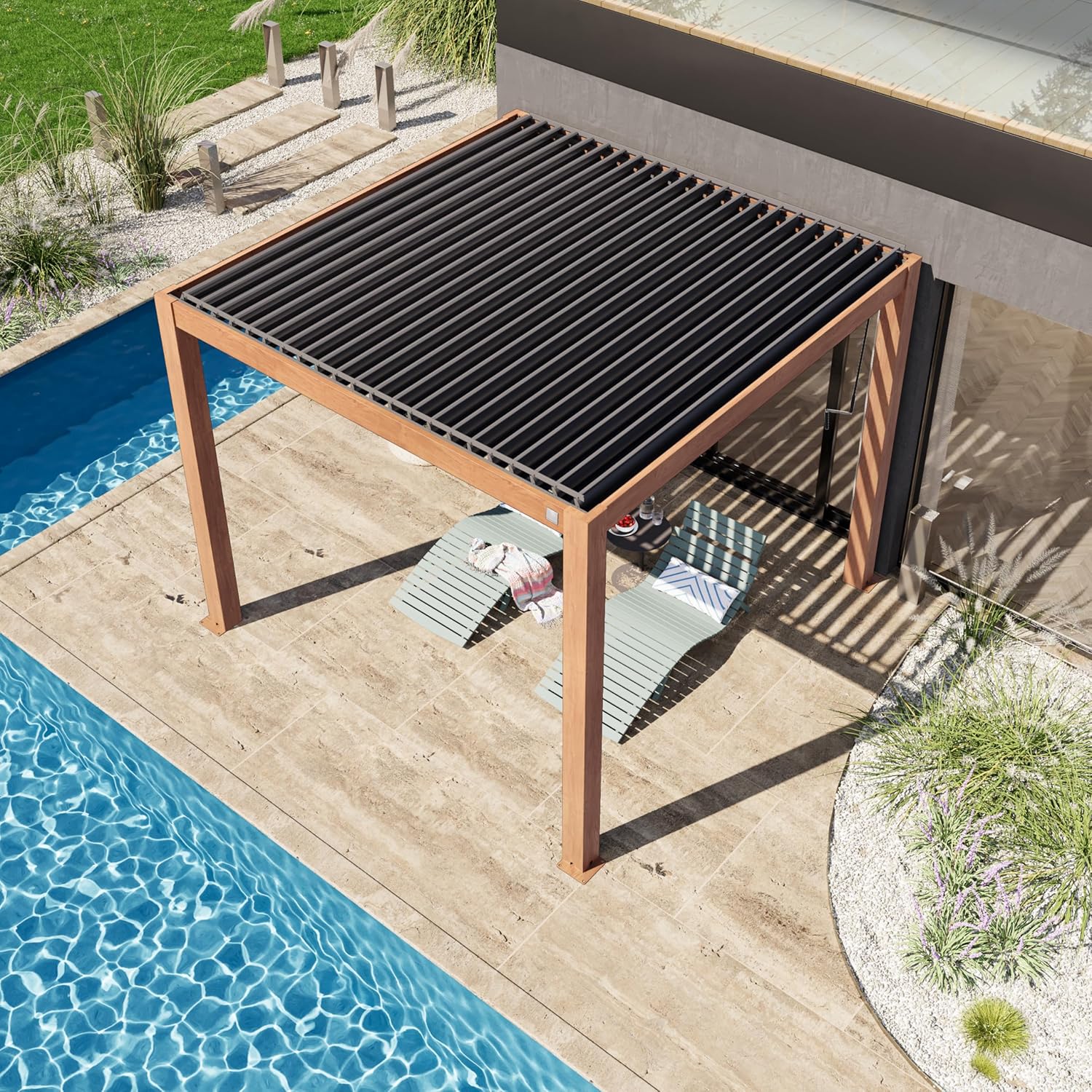 PRIMEYARD - Pergola série aspect bois, 3x3m, lames alu orientables
