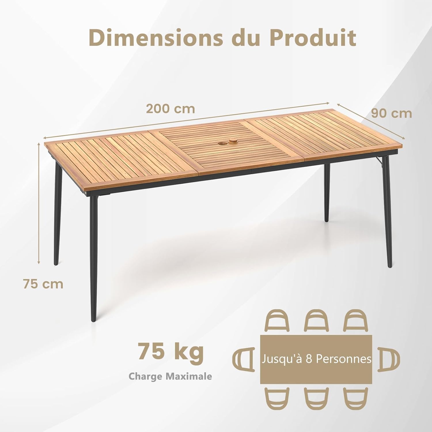 COSTWAY - Table de jardin en bois acacia 200cm, pieds métal, trou parasol