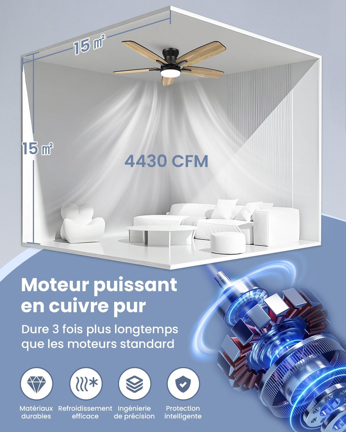 Airwit - Ventilateur de plafond double face 106cm, LED, télécommande, moteur DC réversible, silencieux
