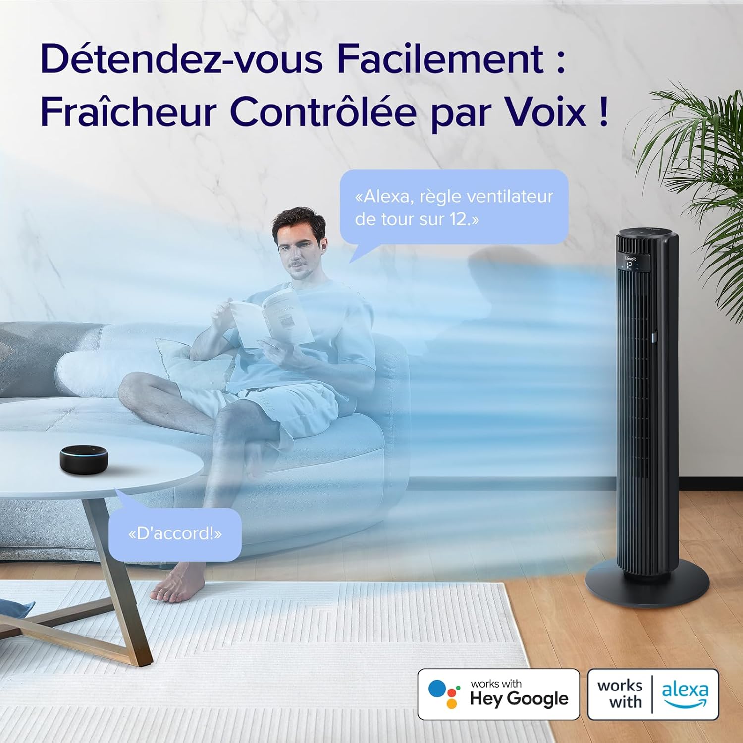 LEVOIT - ventilateur colonne WiFi 108 cm, 12 vitesses, 25dB, Alexa
