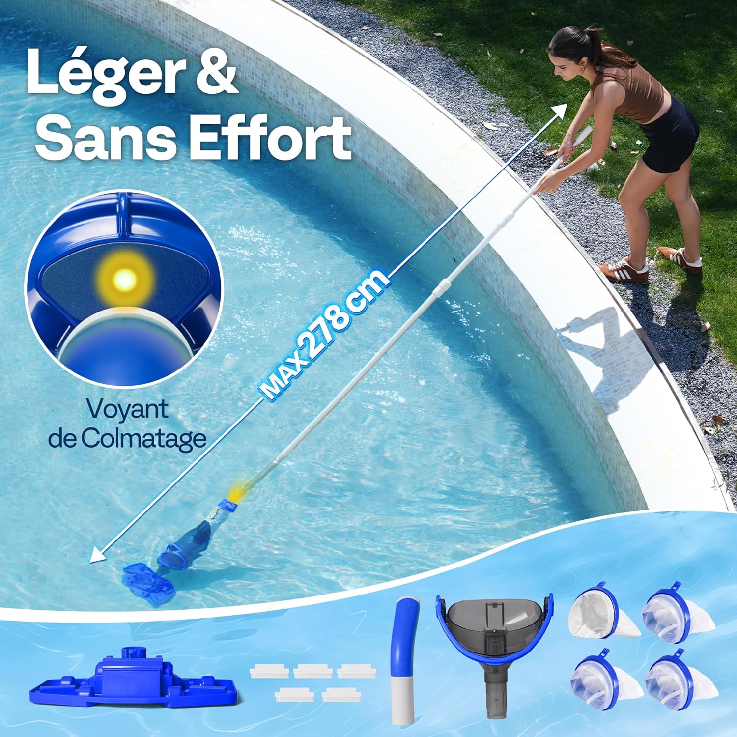 VIVOHOME 70LPM Aspirateur de Piscine sans Fil avec Batterie, Nettoyeur de Piscine Portable avec 4 Sacs Filtrants, Perche Télescopique, Aspiration 278cm pour Piscine Hors-Sol et Enterrée, Spa
