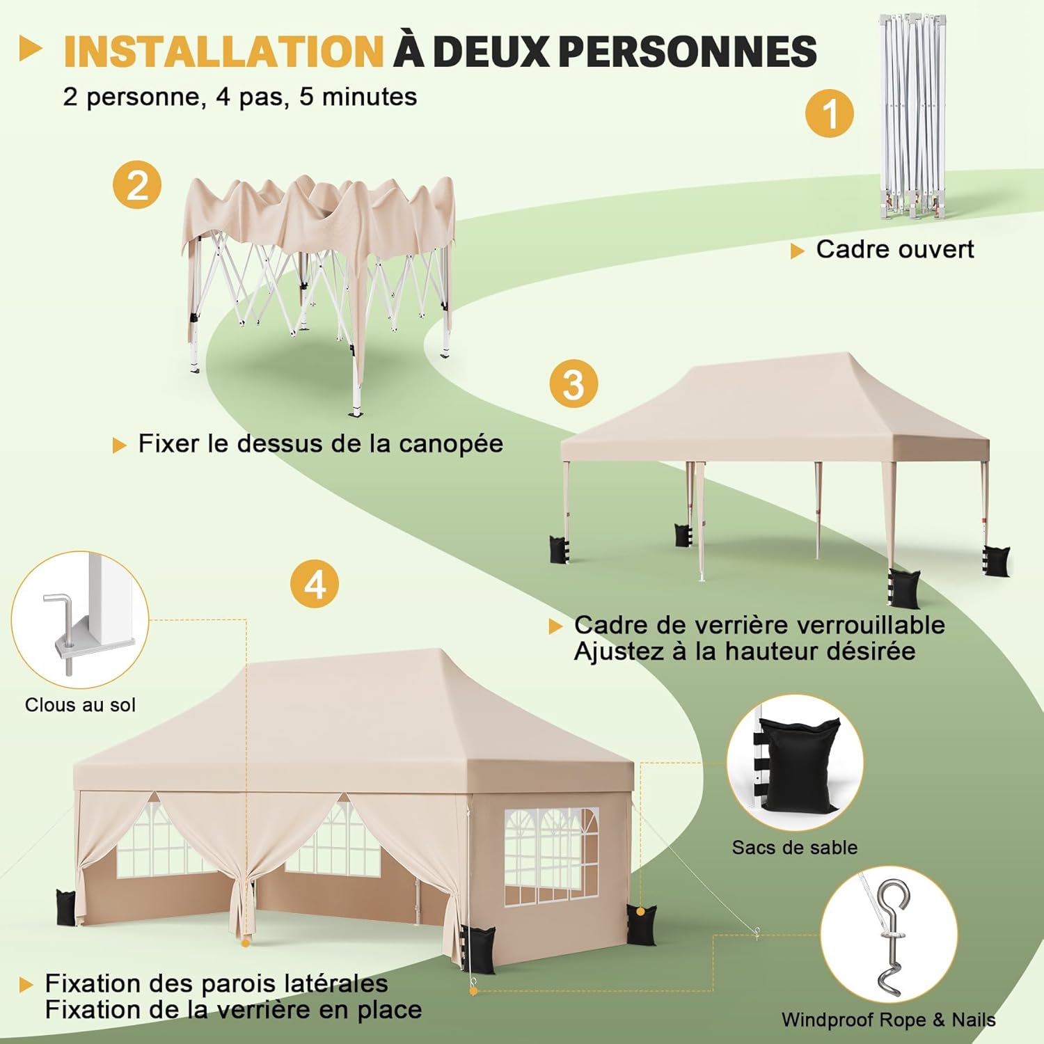 Devoko - tonnelle pliante série 3x6 - réglable, tissu Oxford imperméable, beige